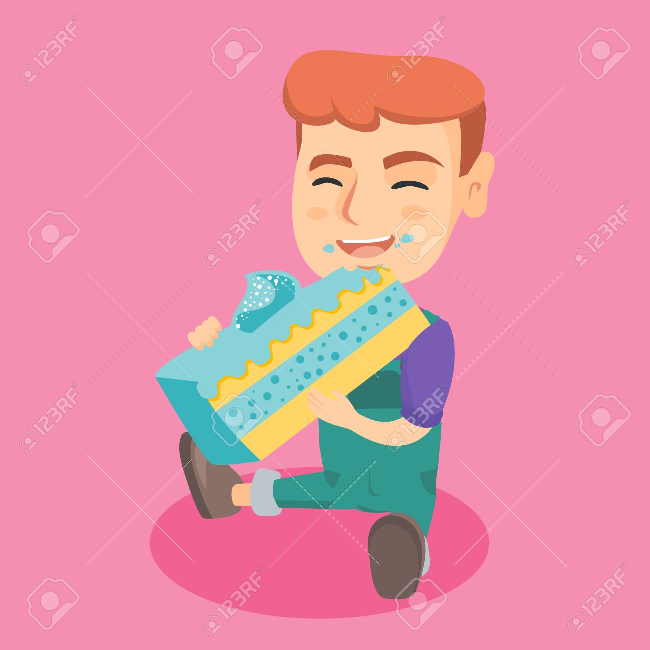 白人幸せな少年曇らされたケーキを食べたり床に座って ケーキを楽しんでの汚れた顔と笑顔の快活な少年 ベクトル漫画のイラスト 正方形のレイアウト のイラスト素材 ベクタ Image