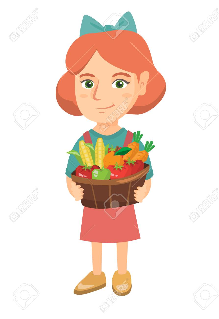 野菜や果物のバスケットを持つ白人笑みを浮かべて少女 野菜とフルーツ バスケットを保持している小さな女の子の完全な長さ 白い背景に分離されたベクター スケッチ漫画イラスト のイラスト素材 ベクタ Image