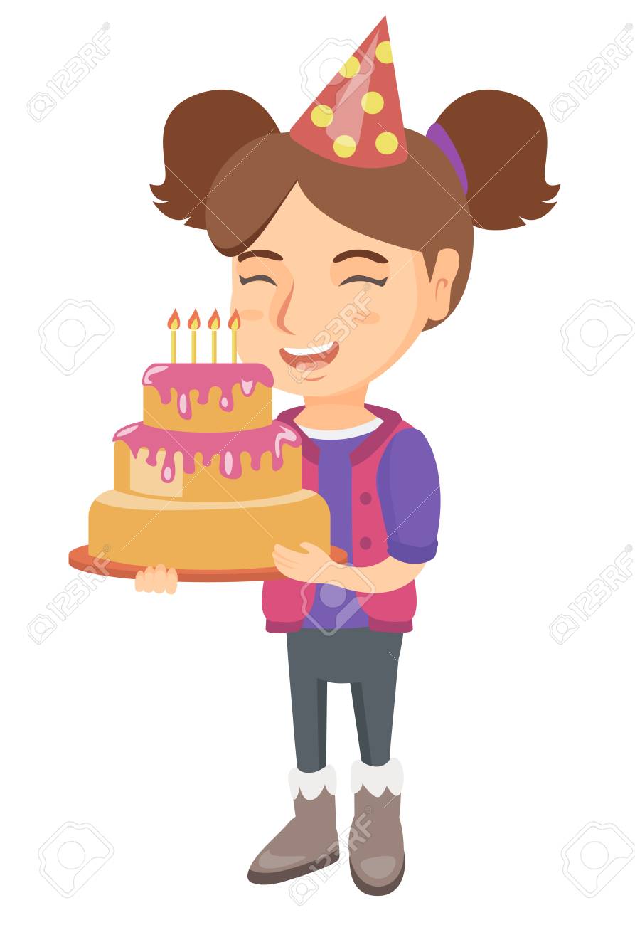 Little Happy Caucasian Child In Cap Holding A Birthday Cake With Royalty Free Cliparts Vectors And Stock Illustration Image