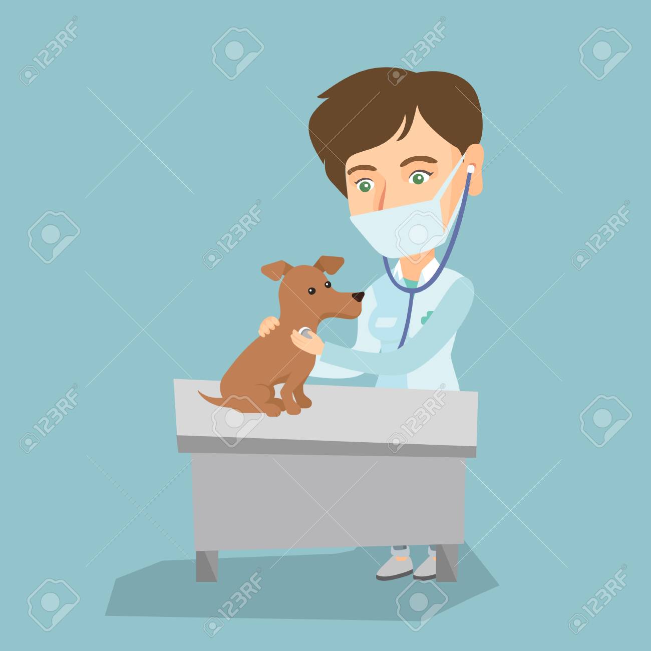 医療マスクの病院で聴診器で犬を検査で若い白人獣医の医者 獣医診療所に犬を獣医の医者 ベクトル漫画のイラスト 正方形のレイアウト のイラスト素材 ベクタ Image