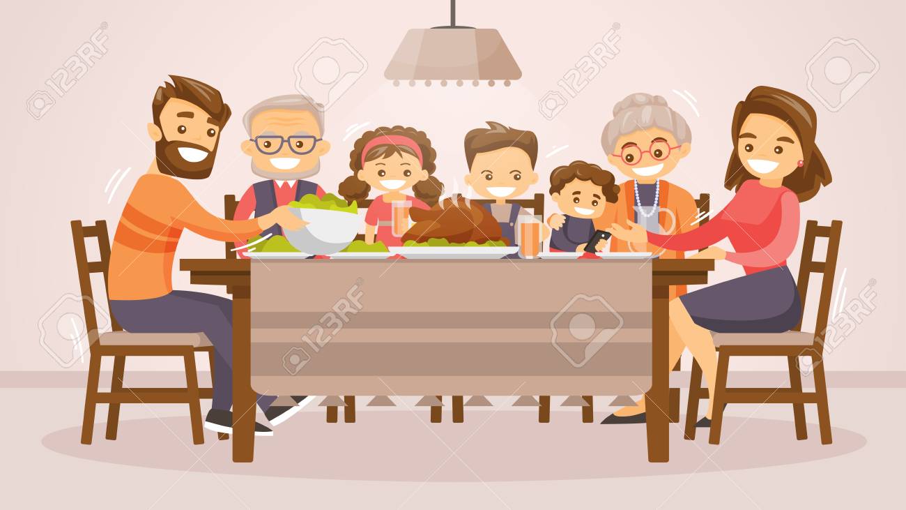 Christmas and Thanksgiving inspired winter Holiday card with caucasian family celebrating Thanksgiving at the table. Vector flat design family Holiday weekend illustration for poster, card, banner. - 88314138 Christmas and Thanksgiving inspired winter Holiday card with caucasian family celebrating Thanksgiving at the table. Vector flat design family Holiday weekend illustration for poster, card, banner. - 88314138