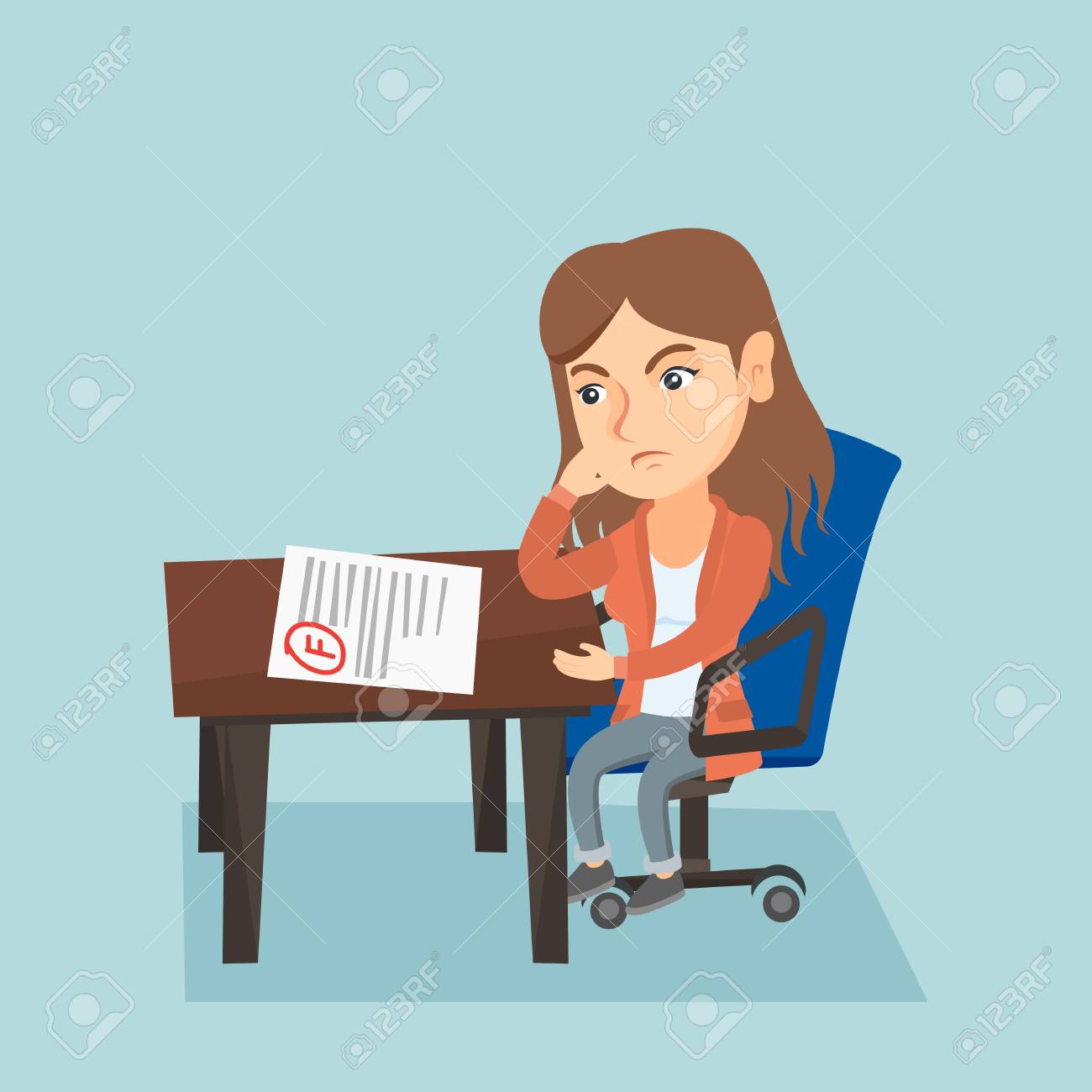 白人学生 F グレードのテストに失望 悪い点で試験紙を見て悲しい若い学生 学生はテスト結果に不満 ベクトル漫画のイラスト 正方形のレイアウト の イラスト素材 ベクタ Image