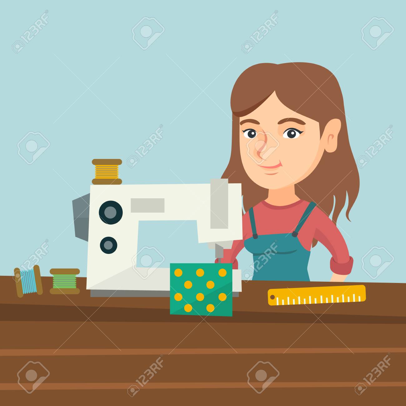 Jeune Couturiere Caucasienne Travaillant Dans L Usine De Tissu Couture Couturiere Sur Une Machine A Coudre Industrielle Couturiere Utilisant La Machine A Coudre A L Atelier Illustration De Dessin Anime De Vecteur Disposition Carree