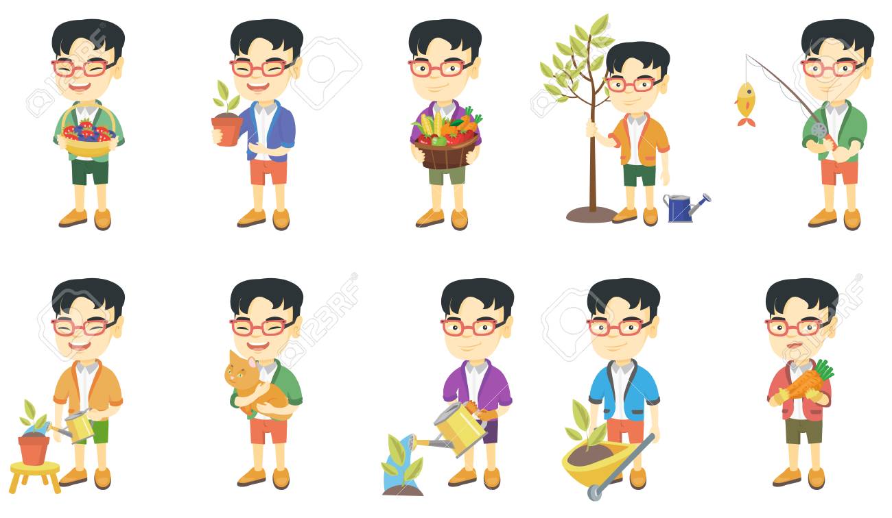Petit Garçon Asiatique. Garçon Tenant La Fleur Dans Un Pot Homme Ok Avec Une Canne à Pêche Et La Carotte Clip Art