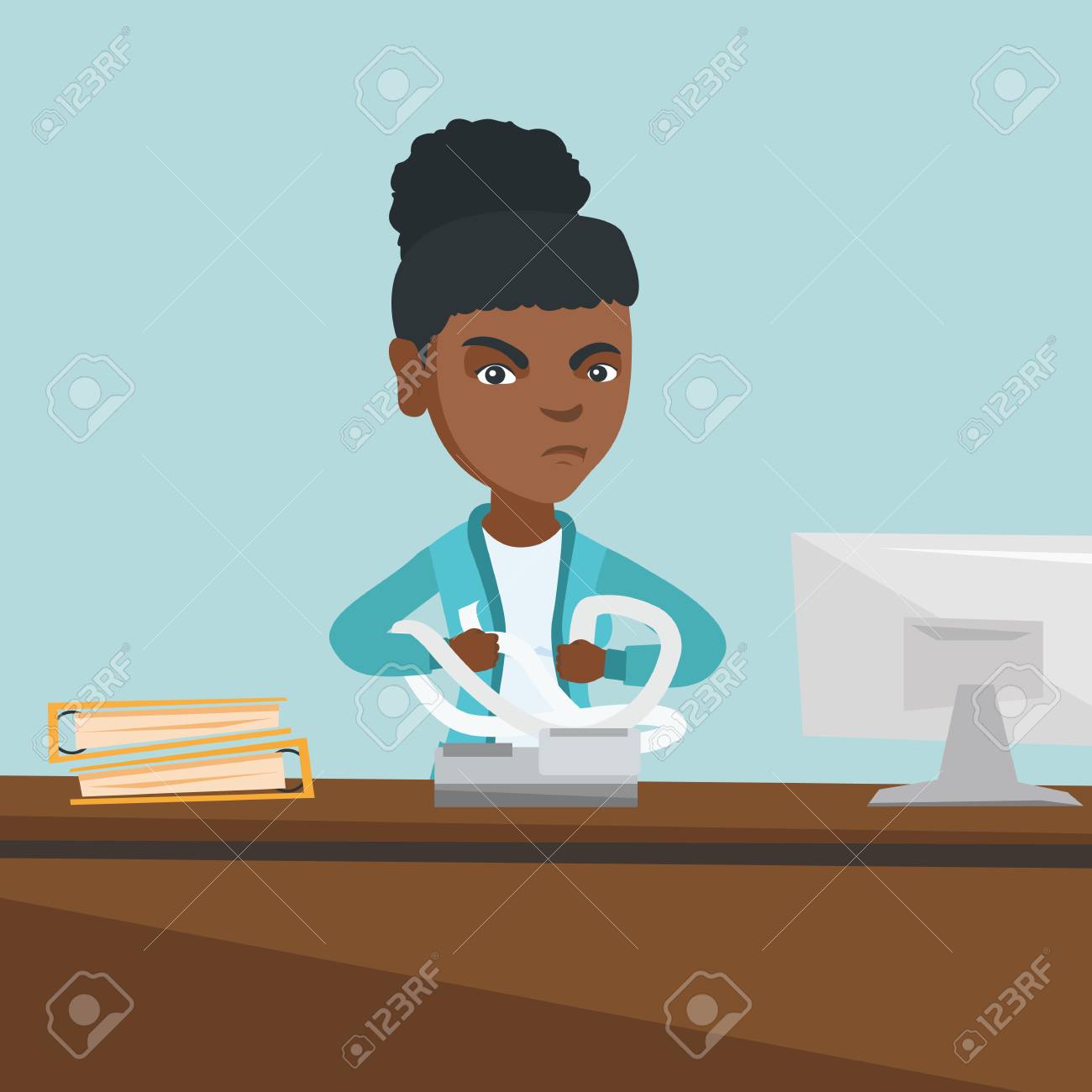 イライラのアフリカ系アメリカ人税理士事務所に座っていると請求書や請求書を激しく引き裂きます 若い怒っている会計士法案を計算します ベクトル漫画のイラスト 正方形のレイアウト のイラスト素材 ベクタ Image