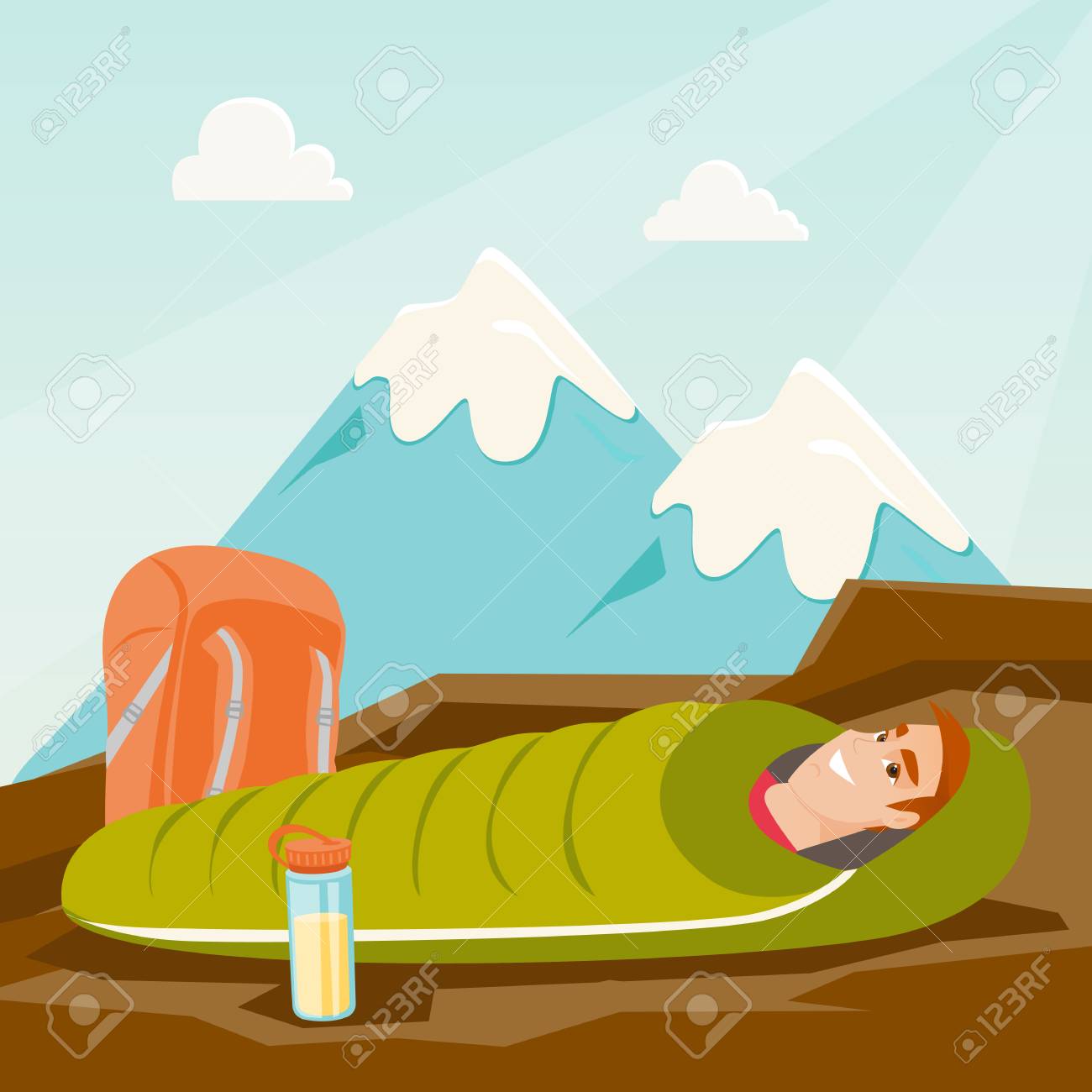 若い白人の白人の男性は山中のハイキング中に寝袋で寝ています 地面に敷設笑みを浮かべて男のミイラの寝袋に包まれています ベクトル漫画のイラスト 正方形のレイアウト のイラスト素材 ベクタ Image