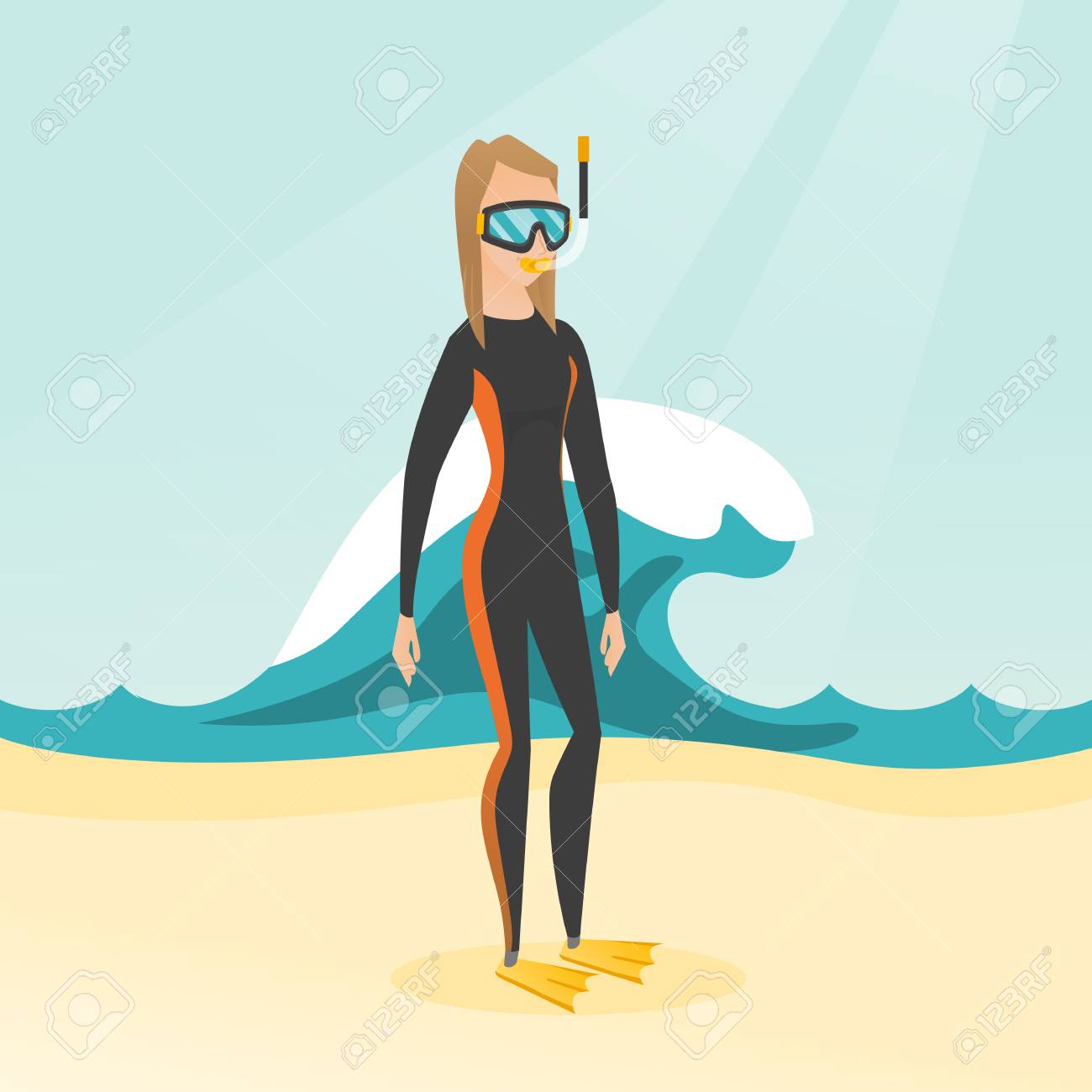 若い白人白いスキューバ ダイビング ダイビング スーツ 足ひれ