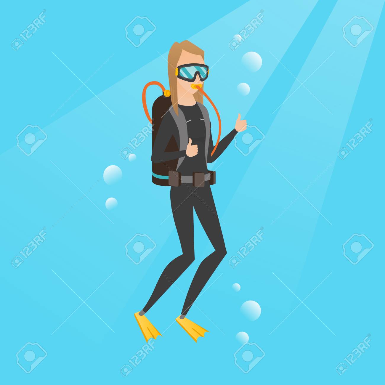 スキューバ ダイビングと水中水泳や親指を現してダイビング スーツの若い白人白人女性 幸せなスキューバダイバーを親指をあきらめます 女性がダイビング を楽しんでいます ベクトル漫画のイラスト 正方形のレイアウト の写真素材 画像素材 Image