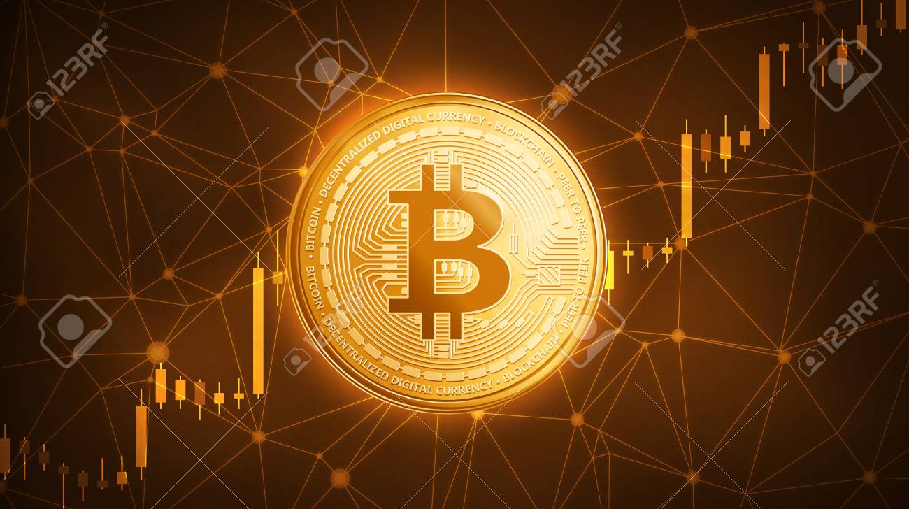 株価チャートを取引の雄牛と黄金 Bitcoin コイン。Bitcoin 金と現金の雷 Blockchain ハード フォーク概念。Cryptocurrency  コイン アイコン イラストのポリゴンをピア ツー ピア ネットワークの背景です。の写真素材・画像素材 Image 91008855