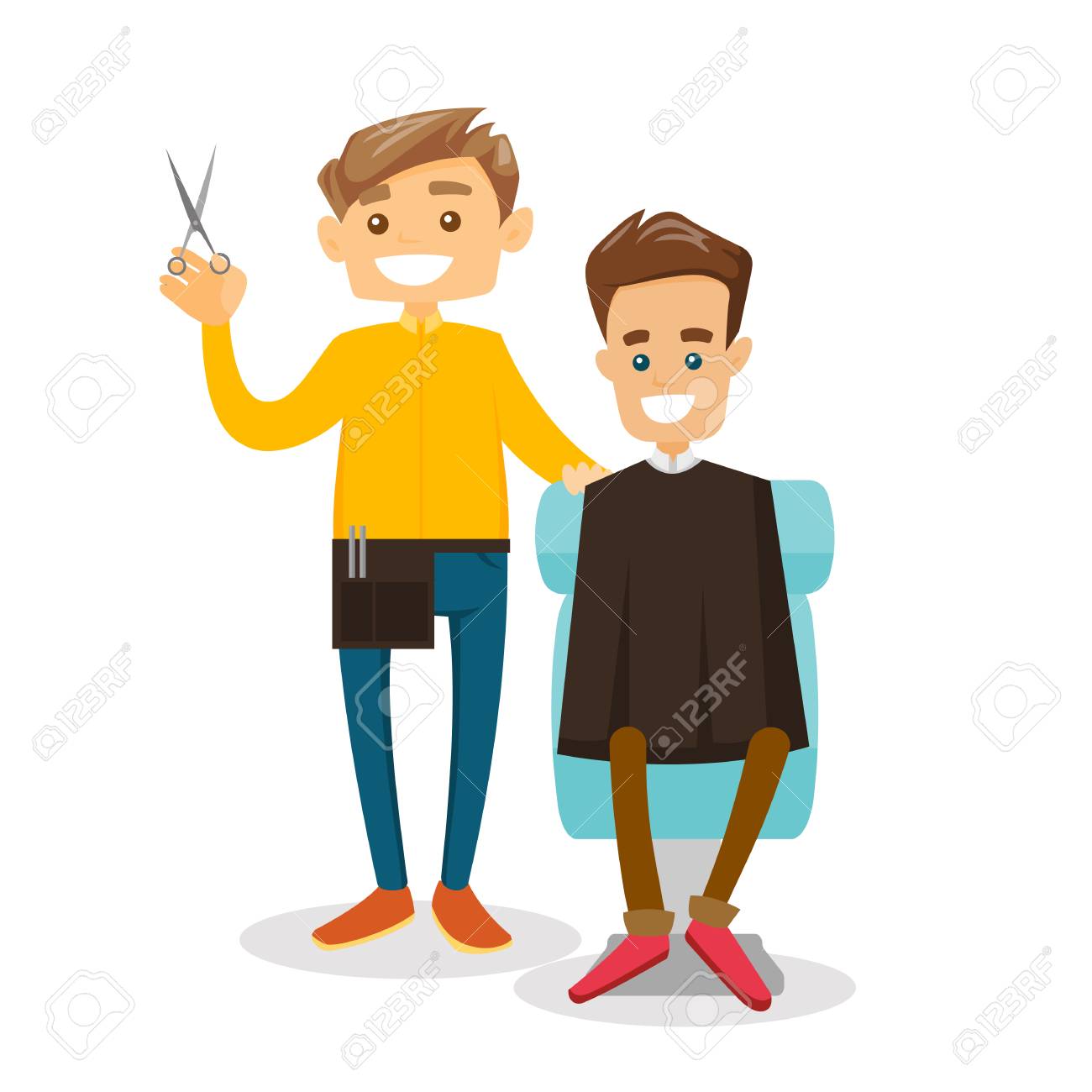 白人の白理容室理髪店で男の髪をカットします 美容サロンにはさみ立ってスタイリスト ベクトル漫画イラスト白背景に分離されました 正方形のレイアウトの イラスト素材 ベクタ Image