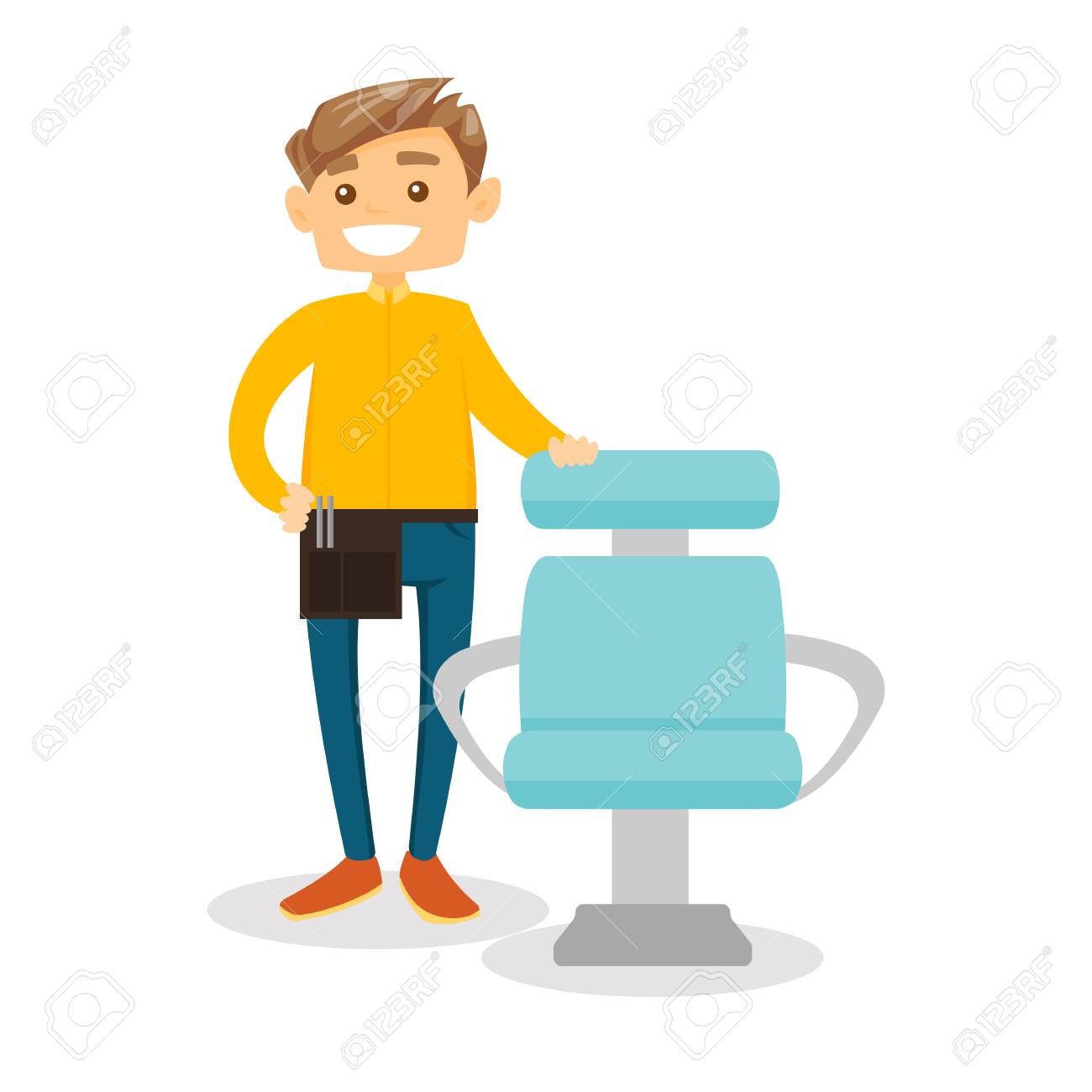 美容サロンの肘掛け椅子の横にある彼の腰立って理髪ツールと若い白人白髪スタイリスト ベクトル漫画イラスト白背景に分離されました 正方形のレイアウト の イラスト素材 ベクタ Image