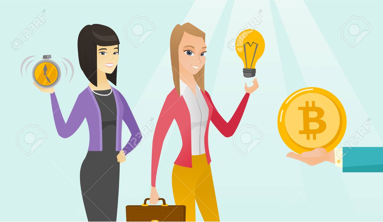 여자는 그녀의 시작 비즈니스 프로젝트 및 초기 동전 제공의 마감일을 상징하는 알람 시계를 보여주는 다른 여자에 대 한 Bitcoin  동전의 형태로 투자를 받고. 벡터 만화 일러스트 레이 션. 로열티 무료 사진, 그림,