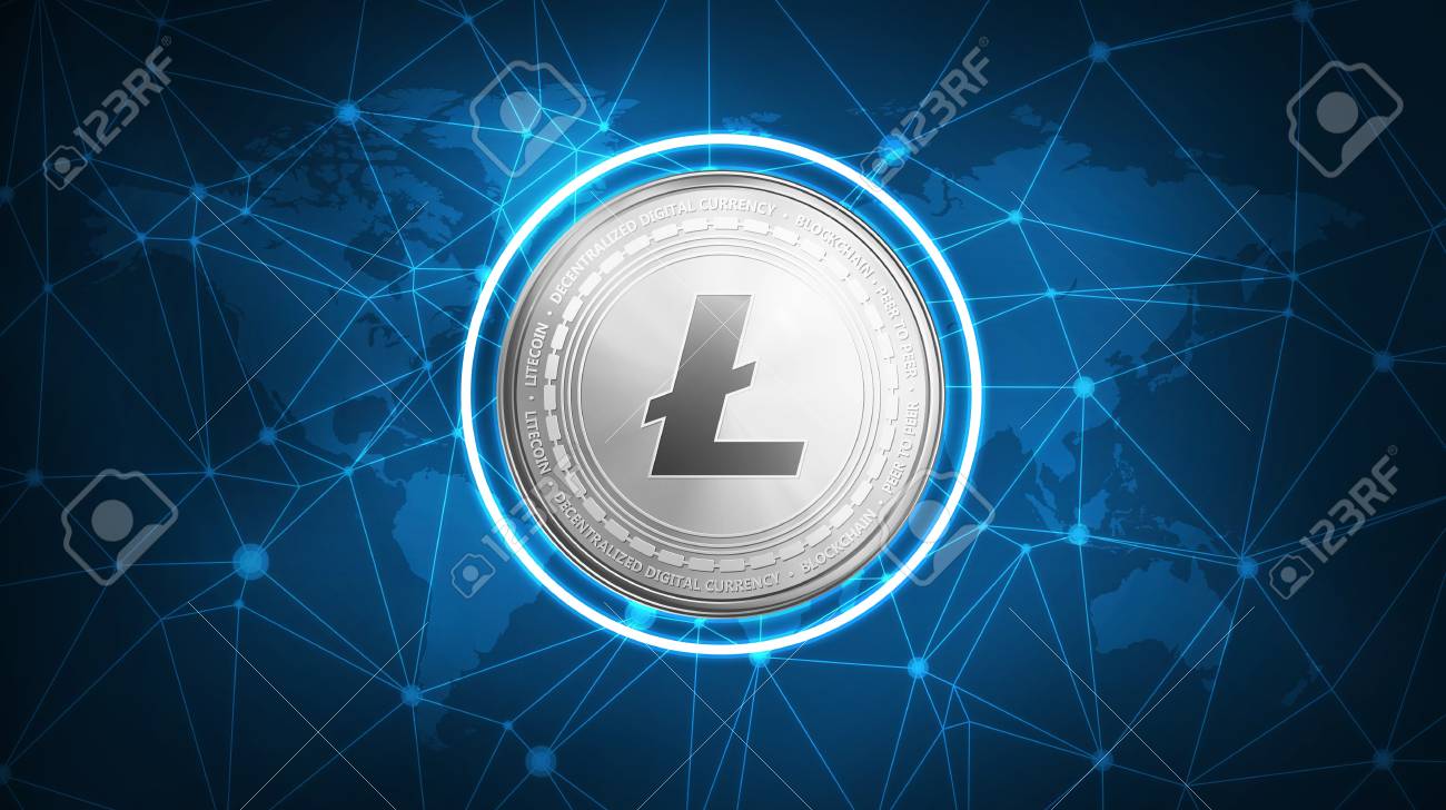 세계지도와 블록 체인 피어 네트워크 피어 미래의 Hud 다각형 배경에 Litecoin 기호. 글로벌 Cryptocurrency 및  ICO 초기 동전 제공 비즈니스 배너 개념. 로열티 무료 사진, 그림, 이미지 그리고 스톡포토그래피. Image 92046175