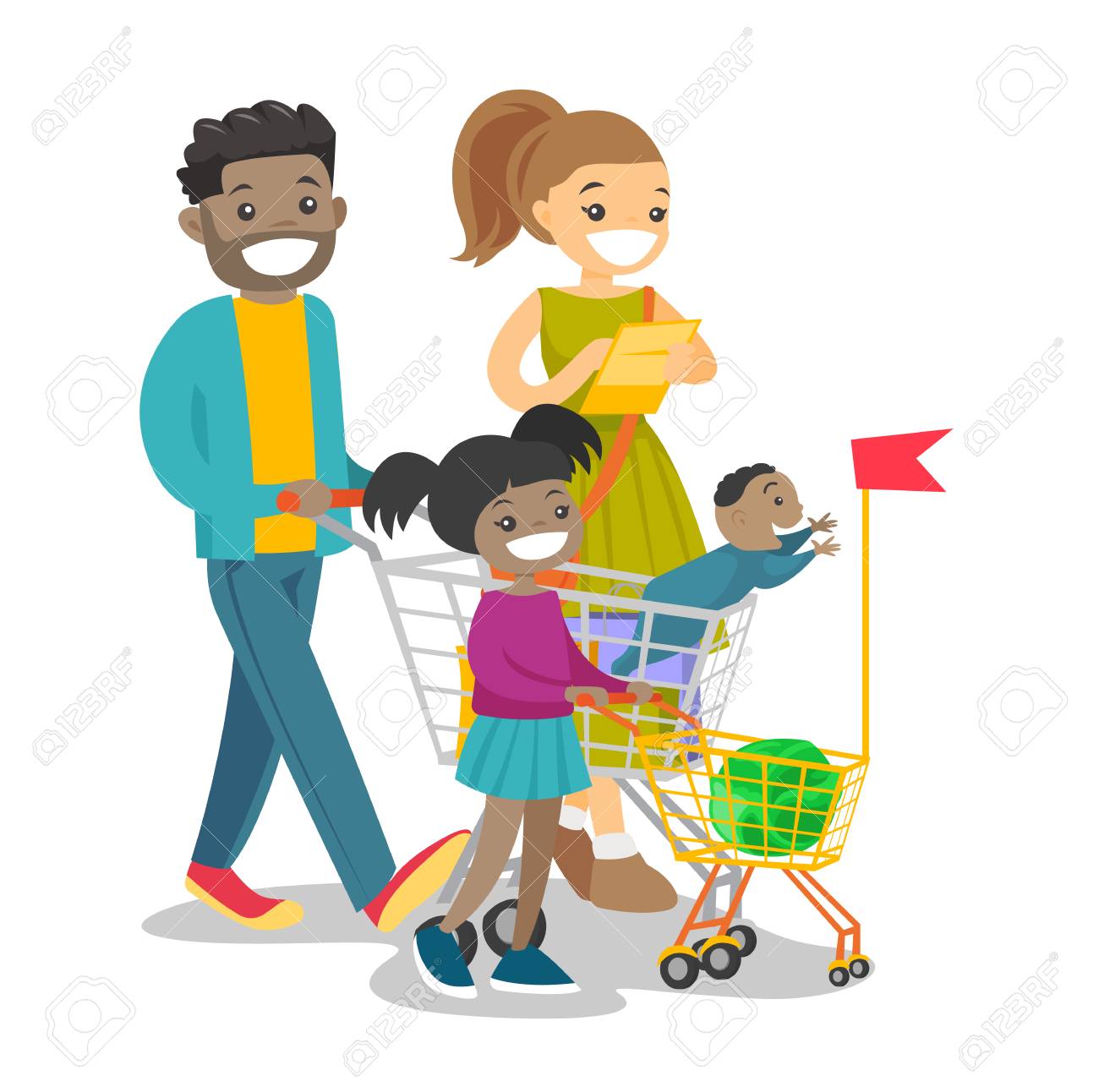 Happy Multicultural Family With Kids Shopping. Young African-american.. Royalty Free Cliparts, Vectors, And Stock Illustration. Image 92651370.