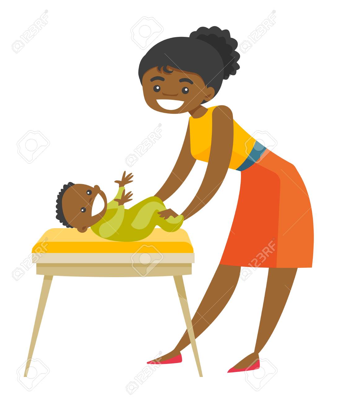 Jeune Mere Afro Americaine En Prenant Soin De Sourire Bebe Nouveau Ne Allonge Sur Une Table A Langer Heureuse Mere Qui Change De Vetements A Son Bebe Illustration De Dessin Anime De Vecteur Isole