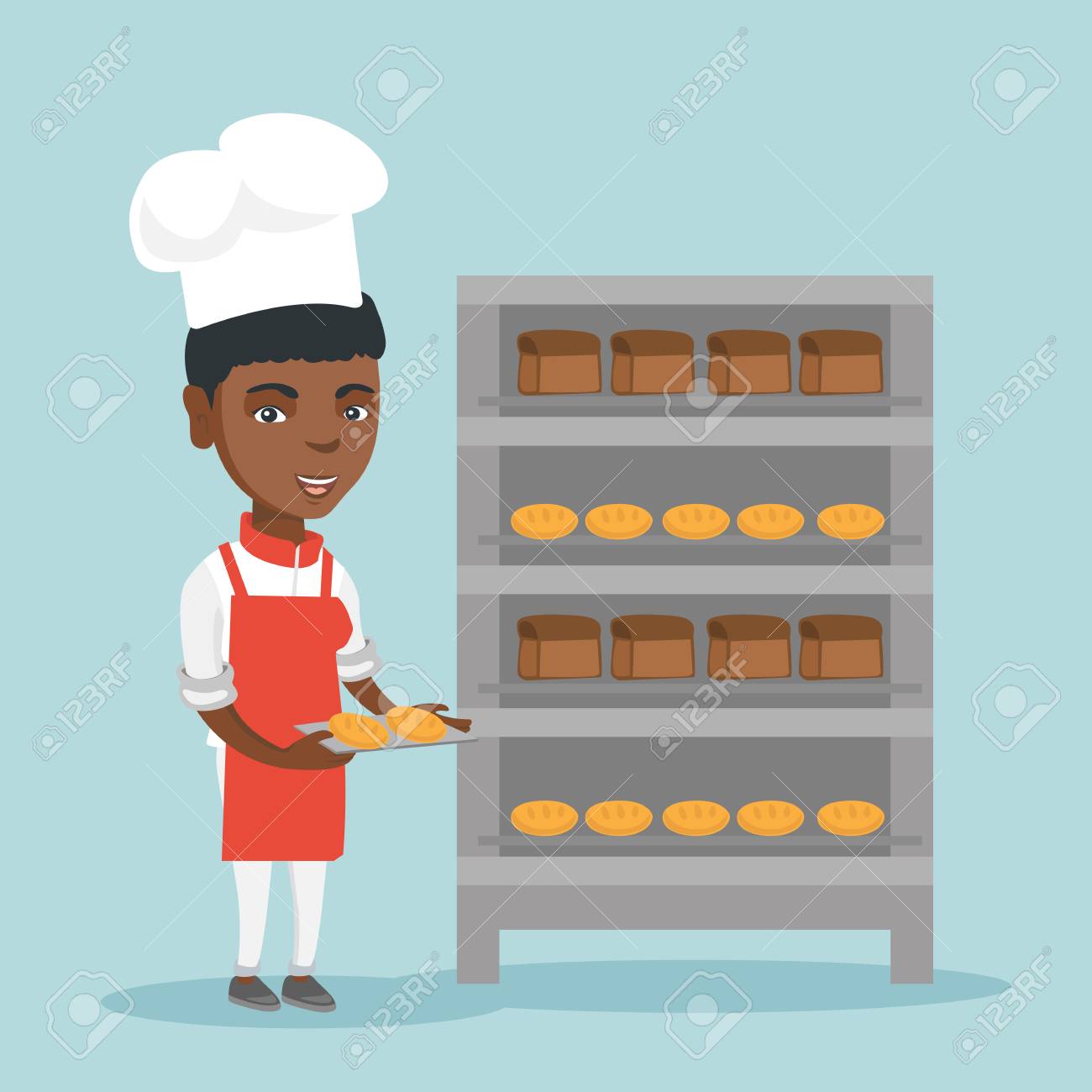 Jeune Boulanger Afro Americain En Toque Tenant Un Plateau Avec Du Pain Dans La Boulangerie Toute La Longueur De La Boulangere Souriante Debout A Cote De La Grille A Pain Illustration De Dessin