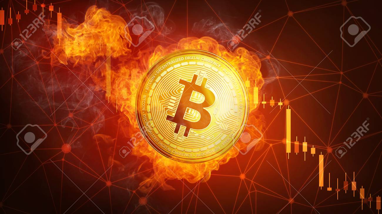 골든 비트 코인 화재 화재 불꽃 떨어지고있다. 불타는 암호화 통화 Bitcoin 현금, Blockchain Cryptocurrency  시장 충돌 버블 버스트 개념. 검은 배경에 고립 된 그림입니다. 로열티 무료 사진, 그림, 이미지 그리고 스톡포토그래피. Image