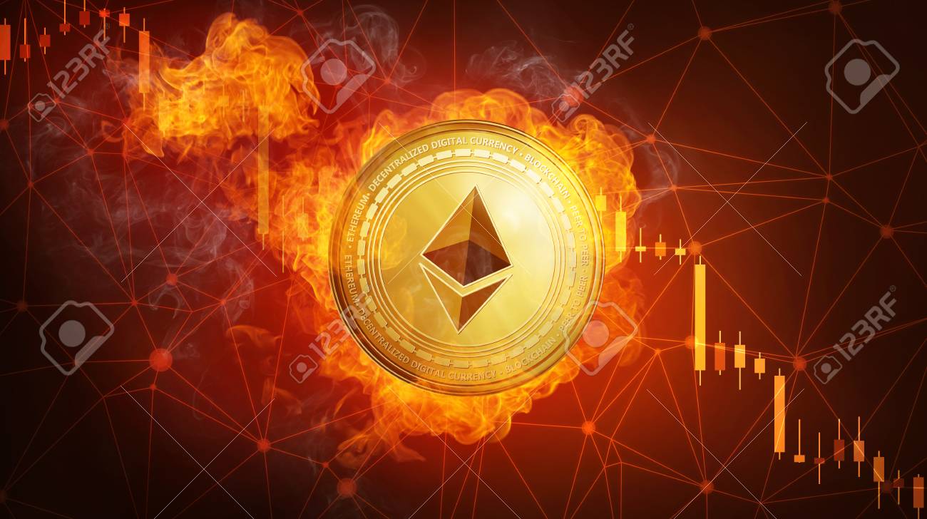 Golden Ethereum Coin In Fire Flame Is Falling. Burning Crypto Currency  Ethereum Falling Down, Blockchain Cryptocurrency Market Crash Bubble Burst  Concept With Down Chart. Stock Photo, Picture and Royalty Free Image. Image