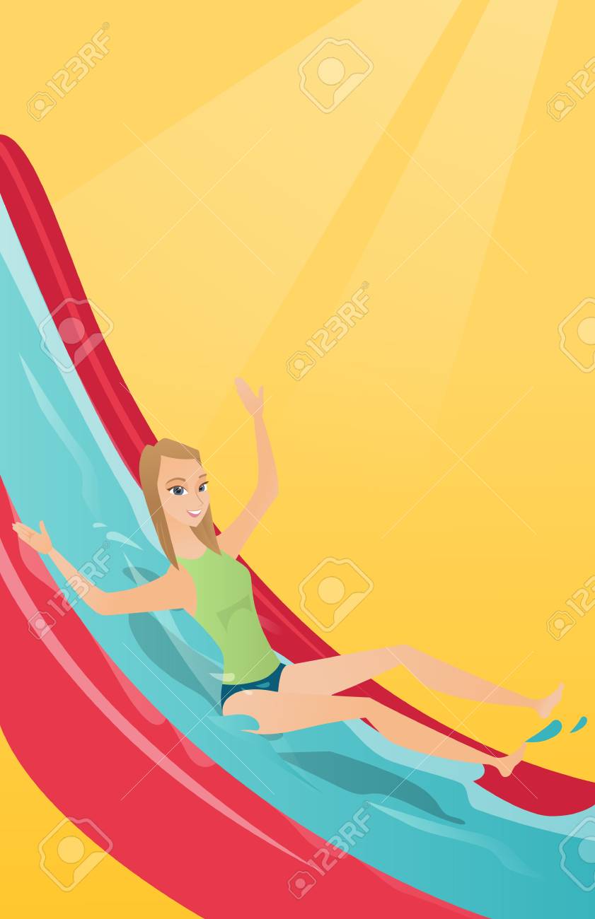 アクアパークのウォータースライダーに乗って若い白人女性 ウォーターパークのウォータースライドで楽しんでいる女性 陽気な女性がウォーター スライドを降りる ベクトル漫画イラスト 垂直レイアウト のイラスト素材 ベクタ Image