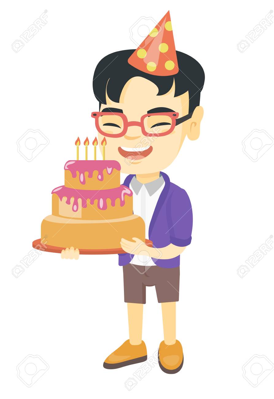 Petit Enfant Asiatique Heureux En Cap Tenant Un Gateau D Anniversaire Avec Des Bougies Garcon Riant Joyeux Fete Son Anniversaire Avec Un Gateau Illustration De Dessin Anime De Croquis De Vecteur Isole Sur
