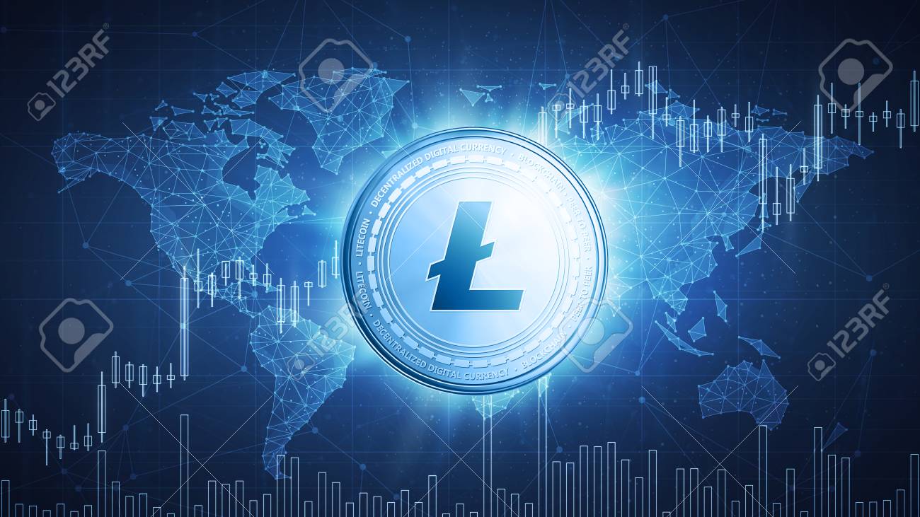 Litecoin Cryptocurrency Coin On Hud Background With Bull Trading Stock  Chart And Polygon World Map. Blockchain Technology Network Token Grows In  Price On Stock Market Concept. Stock Photo, Picture and Royalty Free