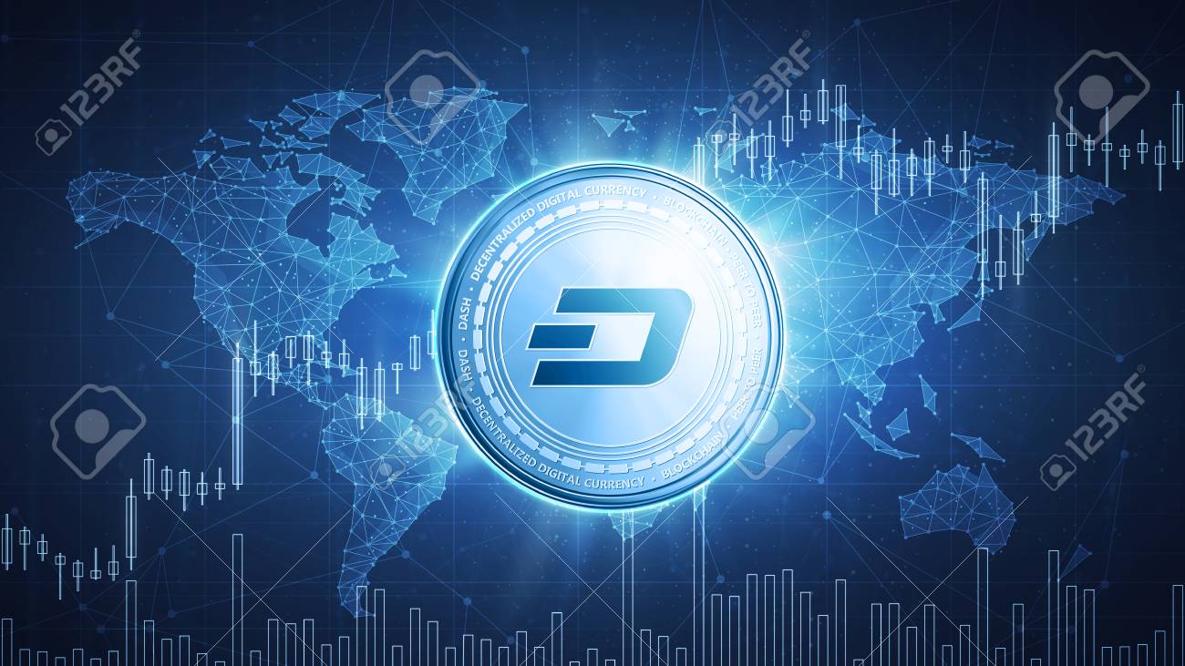 Dash Coin On Hud Background With Bull Trading Stock Chart And Polygon World  Map. Blockchain Technology Network Token Grows In Price On Stock Market. Cryptocurrency  Coin On Polygon Network Background. Stock Photo,