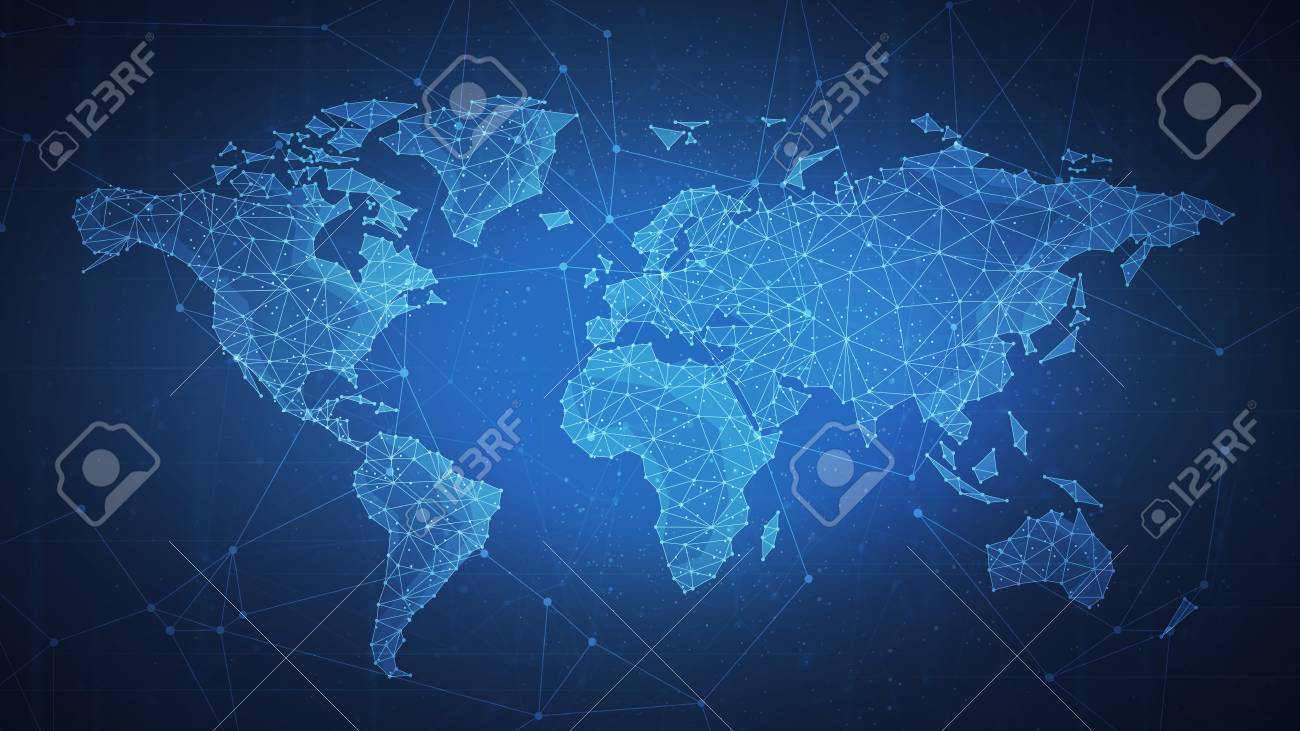 파란색 배경에 블록 체인 기술 피어 투 피어 네트워크와 다각형 세계지도. 네트워크, P2P 비즈니스, 전자 상거래, 비트 코인 거래 및  글로벌 Cryptocurrency 블록 체인 비즈니스 배너 개념. 로열티 무료 사진, 그림, 이미지