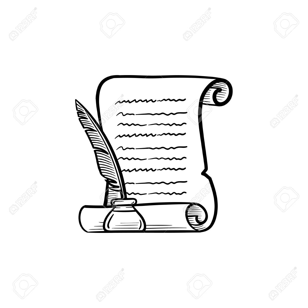 Manuscript Paper Scroll With Feather Pen In Inkpot Hand Drawn