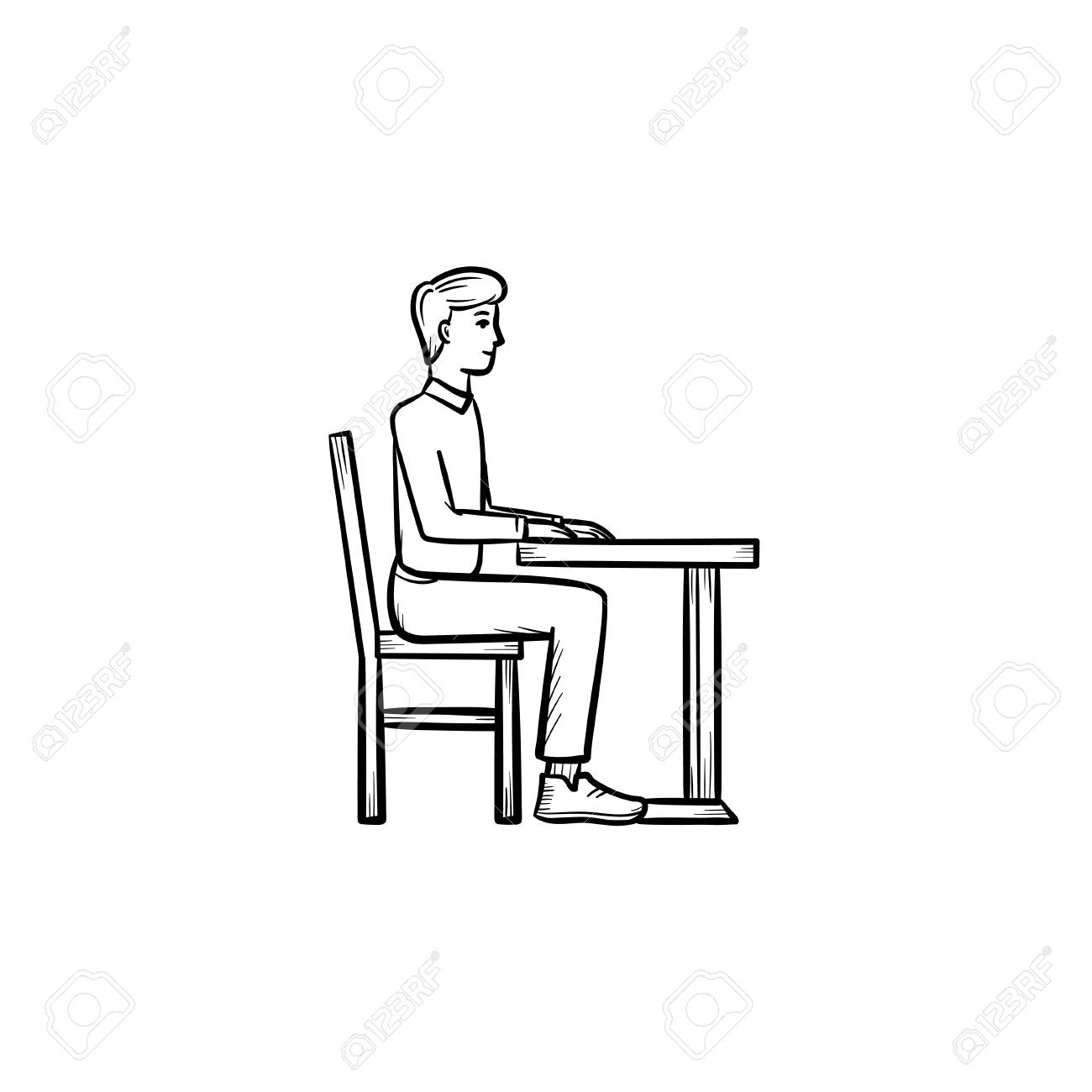 机の手描きのアウトライン落書きアイコンで椅子に座っている学生 白い背景に分離された印刷 ウェブ モバイル インフォグラフィックスのための学校 の机ベクトルスケッチイラストに座っている人 のイラスト素材 ベクタ Image