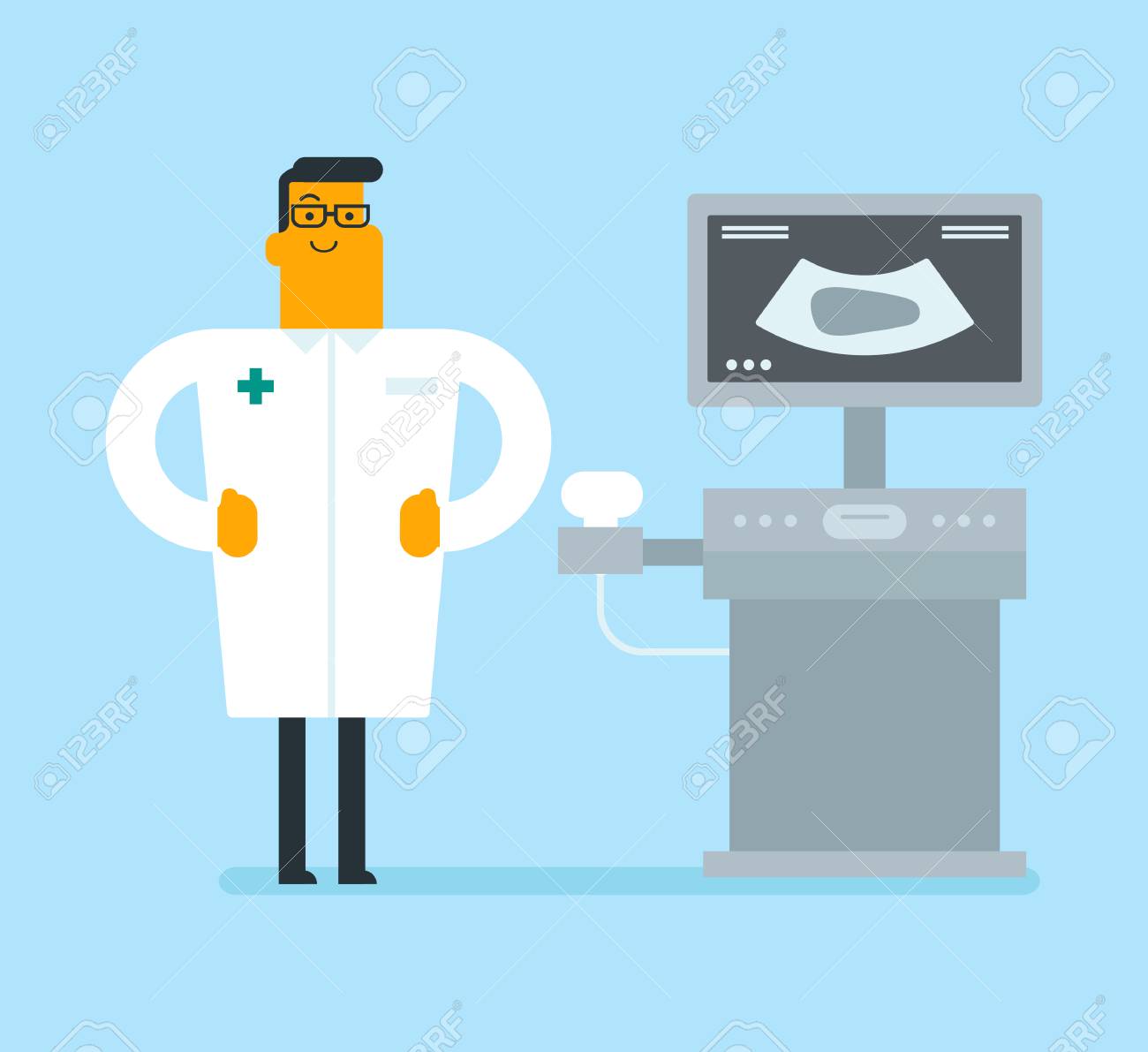 患者の肝臓を分析する超音波スキャンマシンの白人オペレータ 現代の超音波装置に取り組んでいる若い笑顔の医師 ベクター漫画のイラスト 正方形のレイアウト の イラスト素材 ベクタ Image