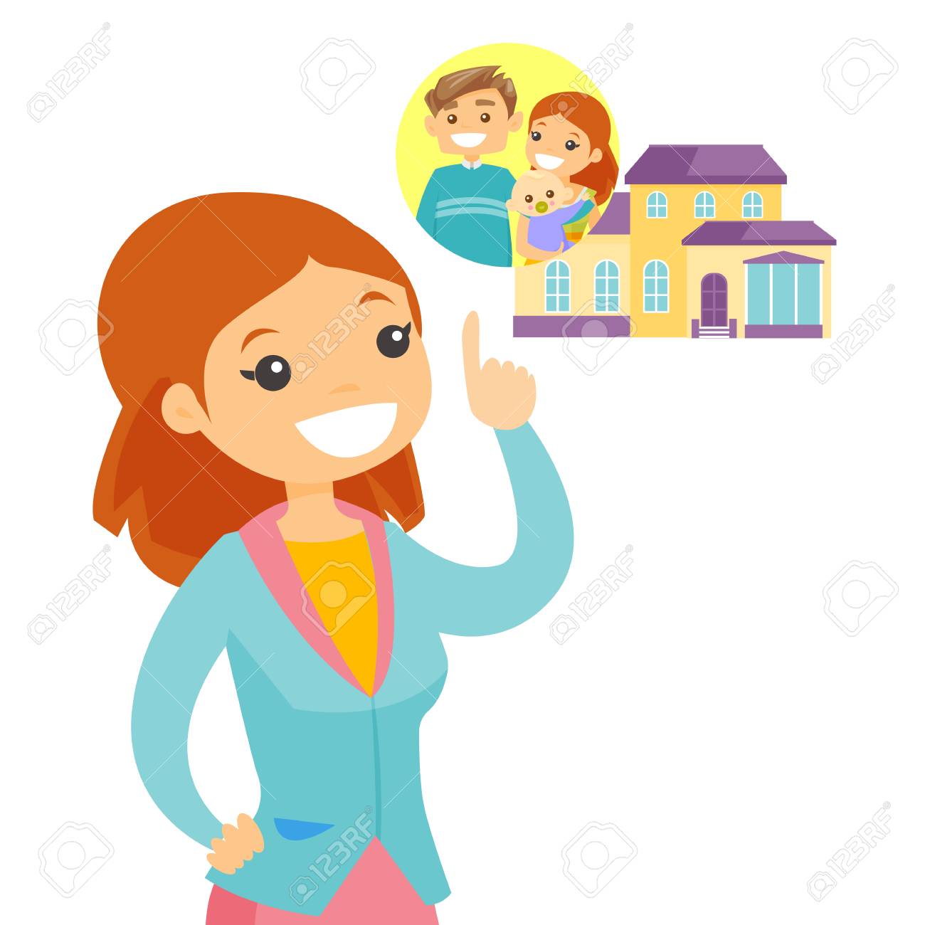 家族の家の将来の購入を計画している若い白人女性 白い背景に隔離されたベクトル漫画のイラスト のイラスト素材 ベクタ Image