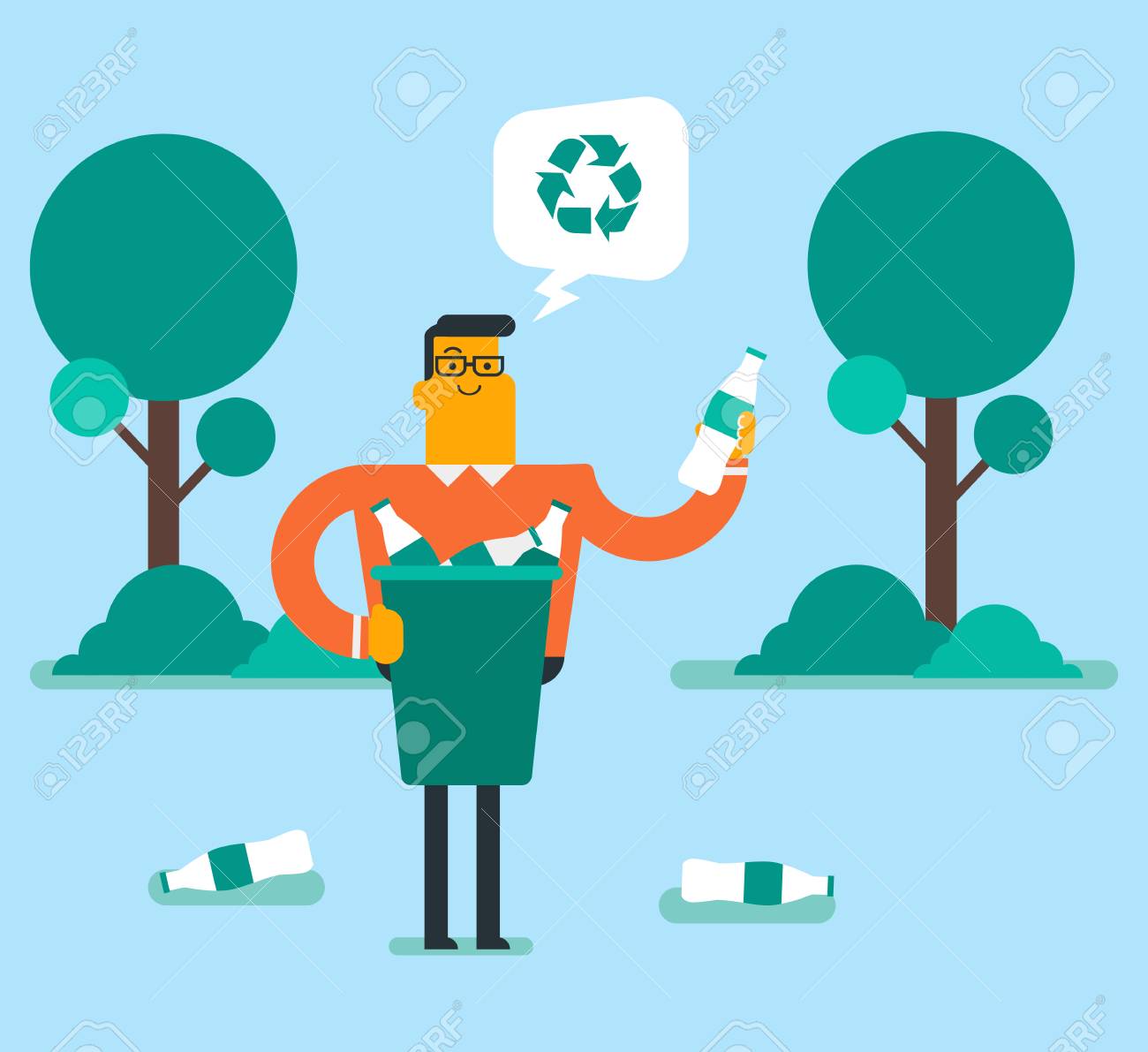 Ilustración de Un Hombre Recogiendo Plástico De Basura Y Ilustración de Un Hombre Recogiendo Plástico De Basura Y