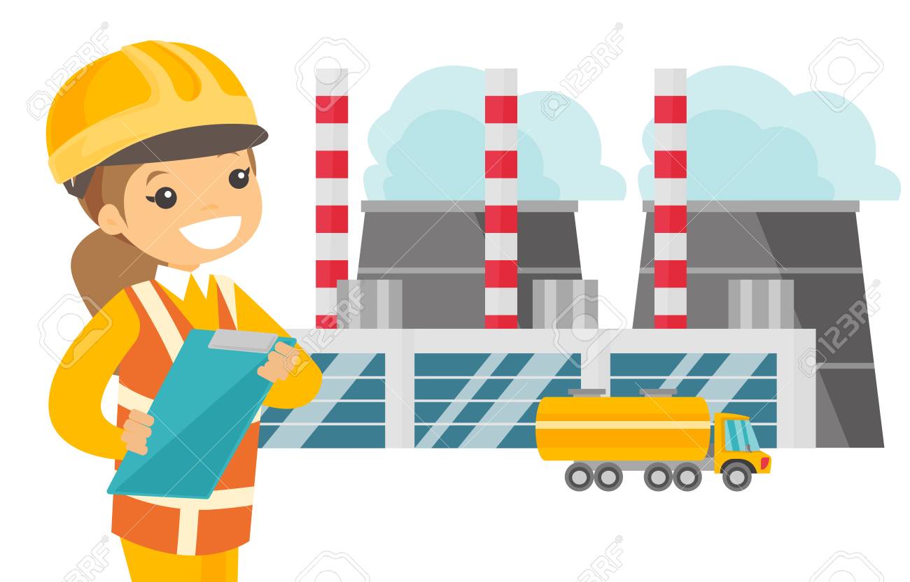 Young Caucasian White Man In Hard Hat Standing On The Background Of Nuclear  Power Plant. Industrial Engineer In Workwear Overseeing The Electric Power  Plant. Vector Cartoon Illustration. Square Layout Royalty Free SVG,, image size:1300x832