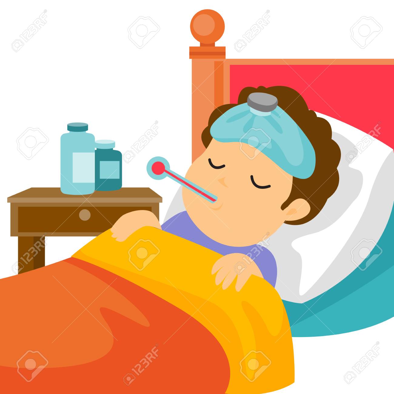 sick caucasain white man with fever laying in bed and measuring