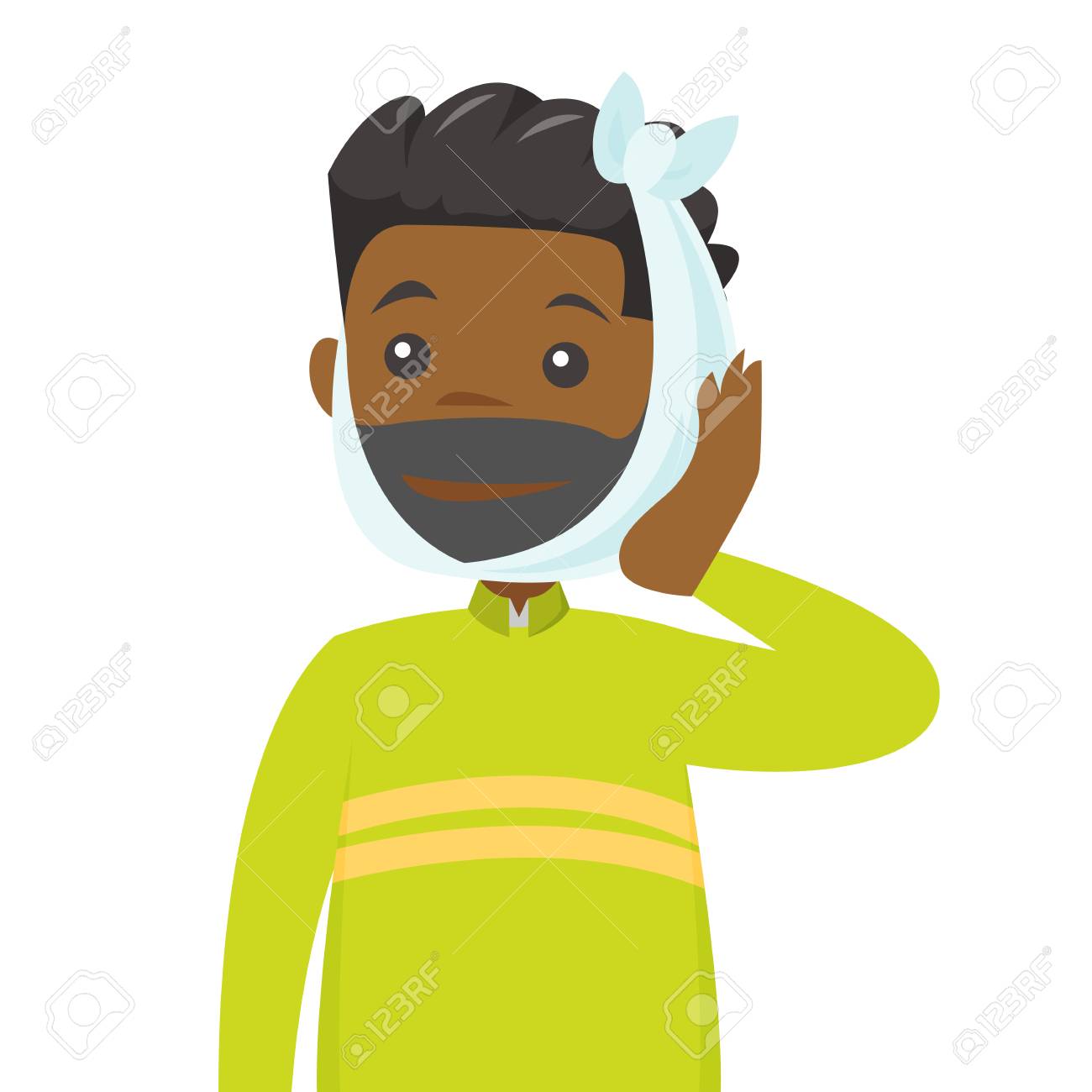 若いアフリカ系アメリカ人は 頭に包帯を着用して歯の痛みを持つ男性を恐れています 強い歯の痛みで苦しんでいる悲しい患者 白い背景に分離されたベクター漫画の イラスト 正方形のレイアウト のイラスト素材 ベクタ Image