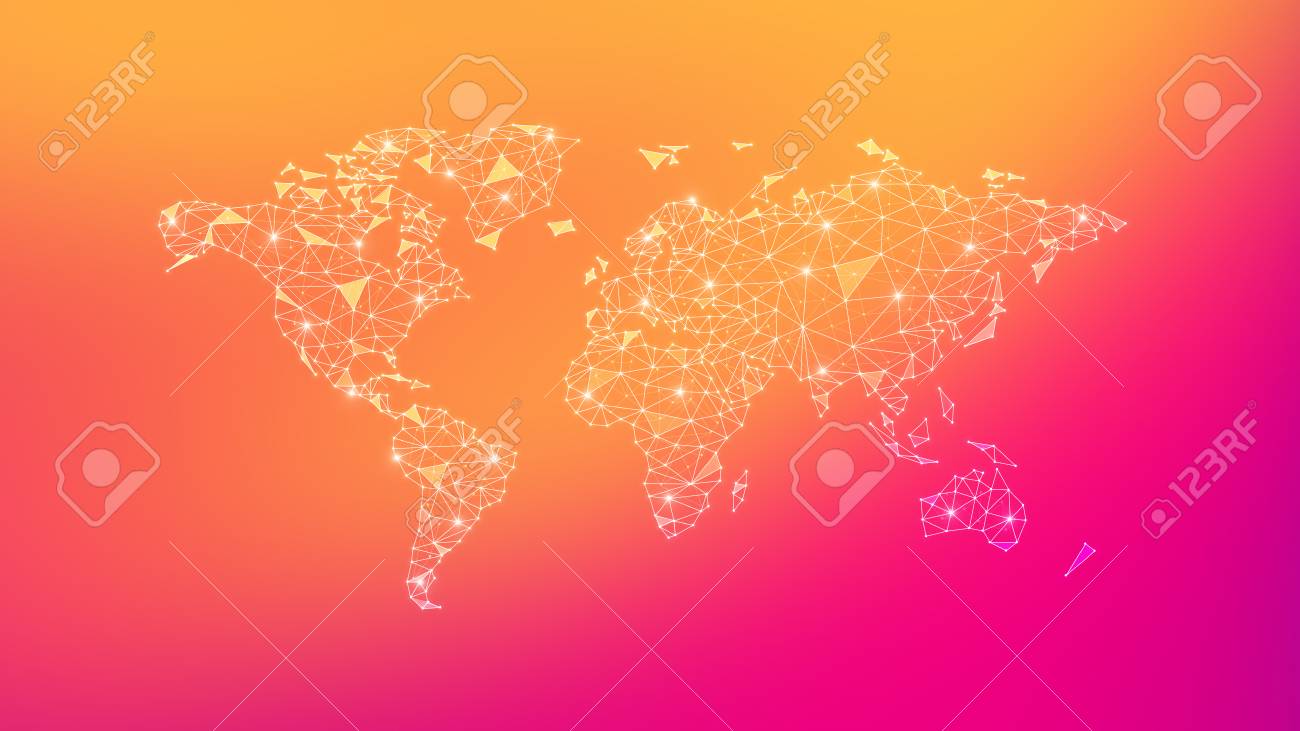 ぼやけたグラデーションの多色の背景上のピアネットワークにブロックチェーンピアを持つポリゴンワールドマップ。ネットワーク、p2pビジネス、ビットコイン取引、グローバルな暗号通貨ブロックチェーンビジネスバナーコンセプト。の写真素材・画像素材  Image 100049590