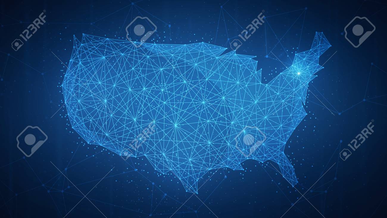 未来的なhudの背景にあるブロックチェーンテクノロジーのピアツーピアネットワークを使用したPolygonUSAマップ。ネットワーク、p2p ビジネス、eコマース、ビットコイン取引、暗号通貨ブロックチェーンビジネスバナーのコンセプト。の写真素材・画像素材 Image 101295972