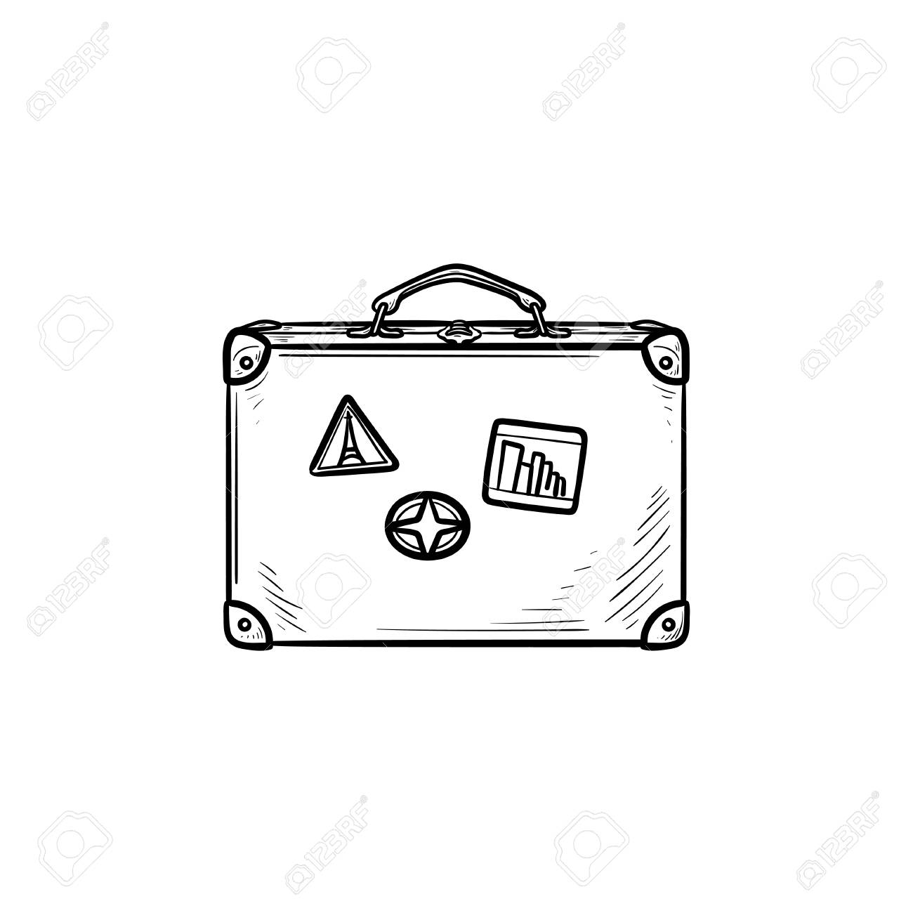 Vintage travel suitcase hand drawn outline doodle icon. Holiday..