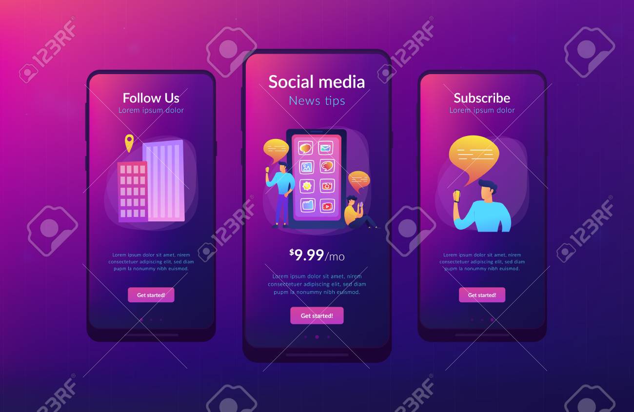 Men Near Huge Smartphone With Application Icons On The Screen Checking Social Media And News Feeds Social Media And News Tips Landing Page Ui Ux Gui App Interface Template Royalty Free Cliparts