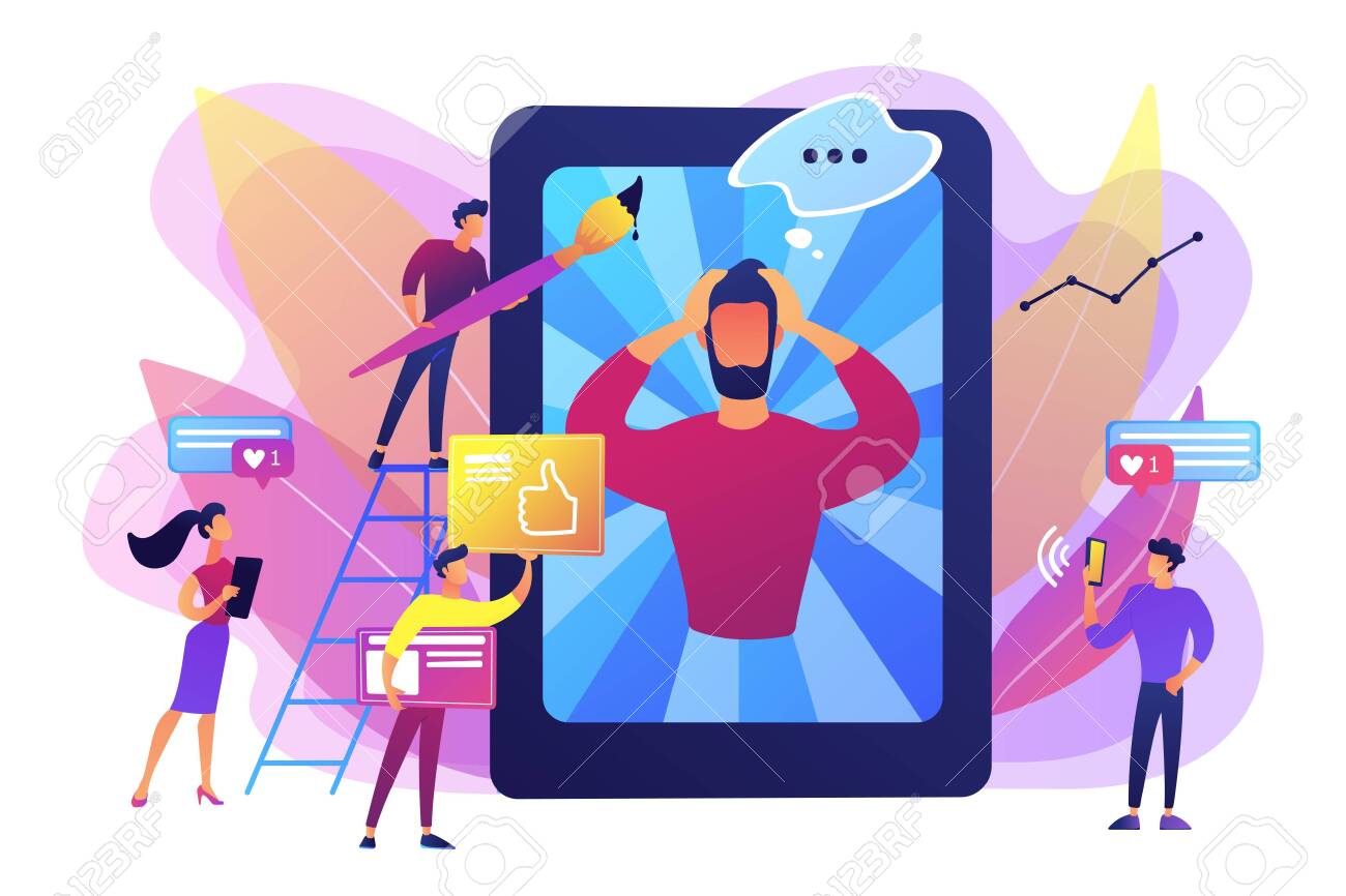 ソーシャルメディアネットワークコンテンツの作成と共有。オンラインコミュニケーション。インターネットミーム、ミーム文化のトレンド、最高のウイルスコンテンツ制作コンセプト。明るい鮮やかな紫色のベクトル分離イラストのイラスト素材・ベクター  Image 128546129