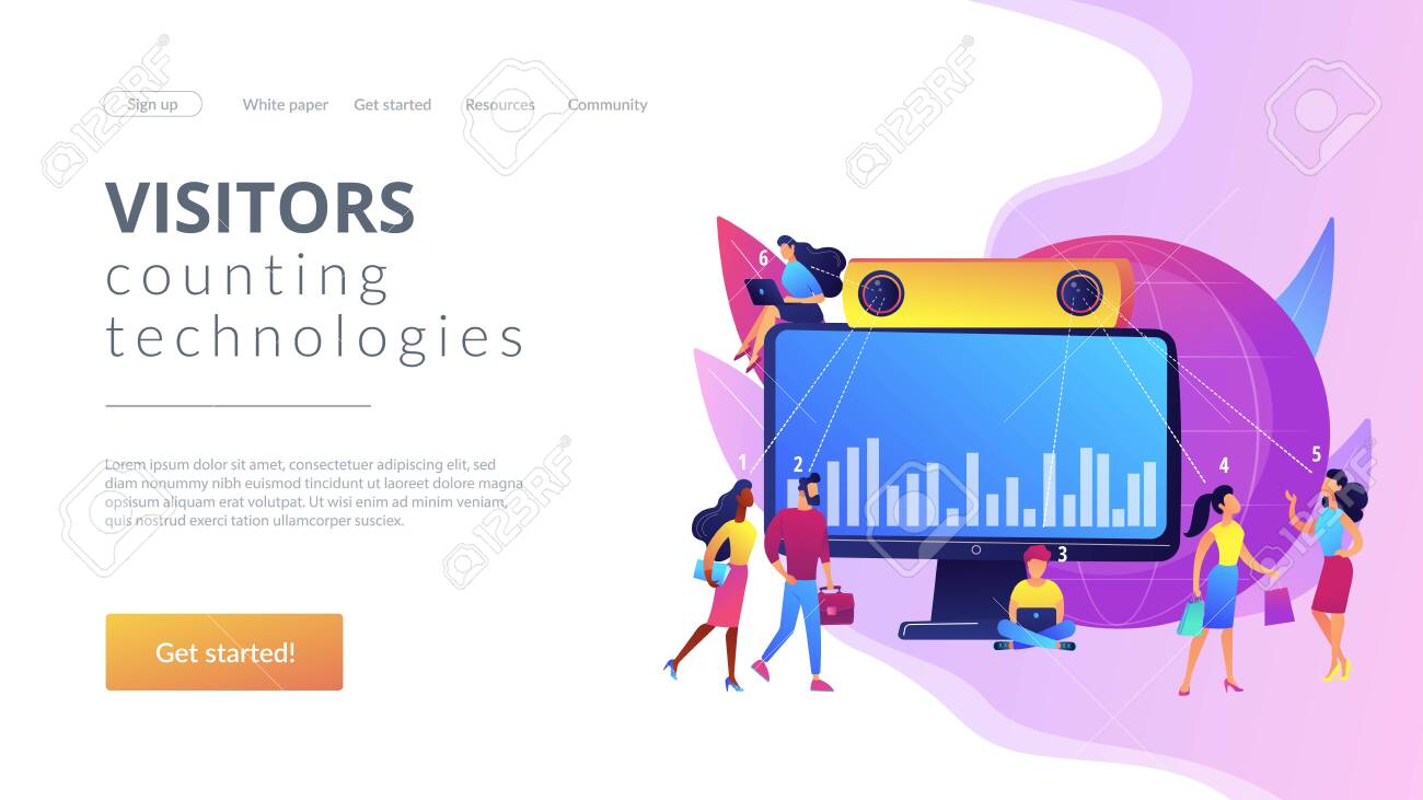Electronic device for measuring number passageway people. People counter system, visitors counting technologies, retail traffic report concept. Website homepage landing web page template. - 151162925 Electronic device for measuring number passageway people. People counter system, visitors counting technologies, retail traffic report concept. Website homepage landing web page template. - 151162925