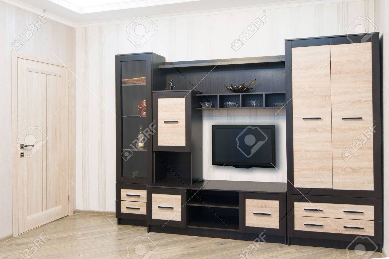 Spacious room with furniture, large closet and tv. modern style ...