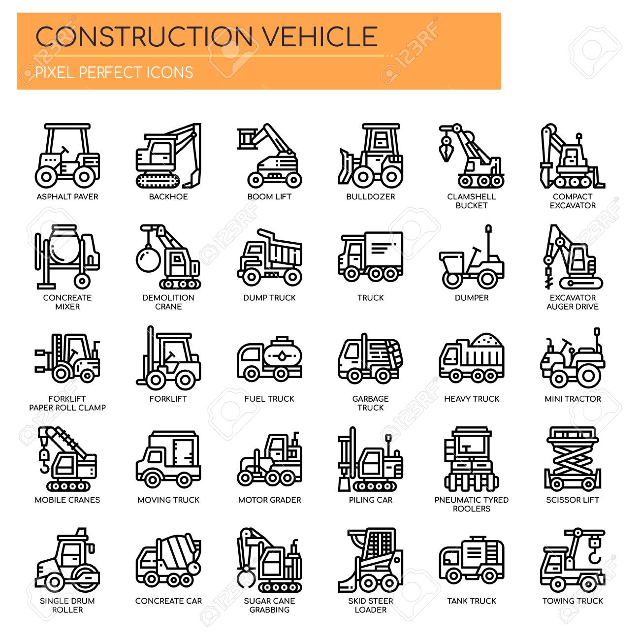 Construction Vehicle , Thin Line and Pixel Perfect Icons - 112378703 Construction Vehicle , Thin Line and Pixel Perfect Icons - 112378703