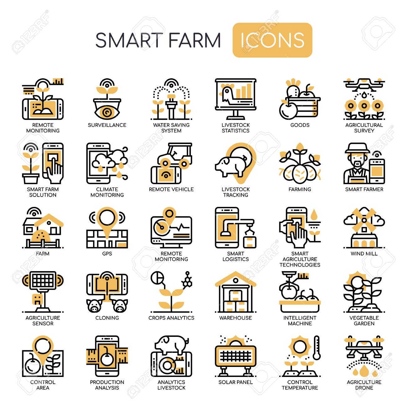 스마트 팜, 가는 선 및 완벽한 픽셀 아이콘 로열티 무료 사진, 그림, 이미지 그리고 스톡포토그래피. Image 128421017