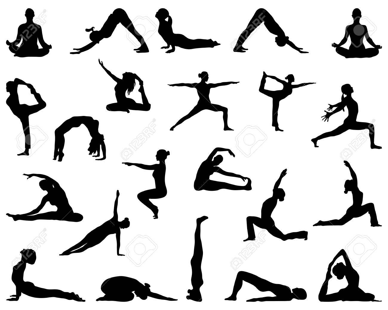 black silhouettes of girls who practice yoga vector royalty free yoga vector