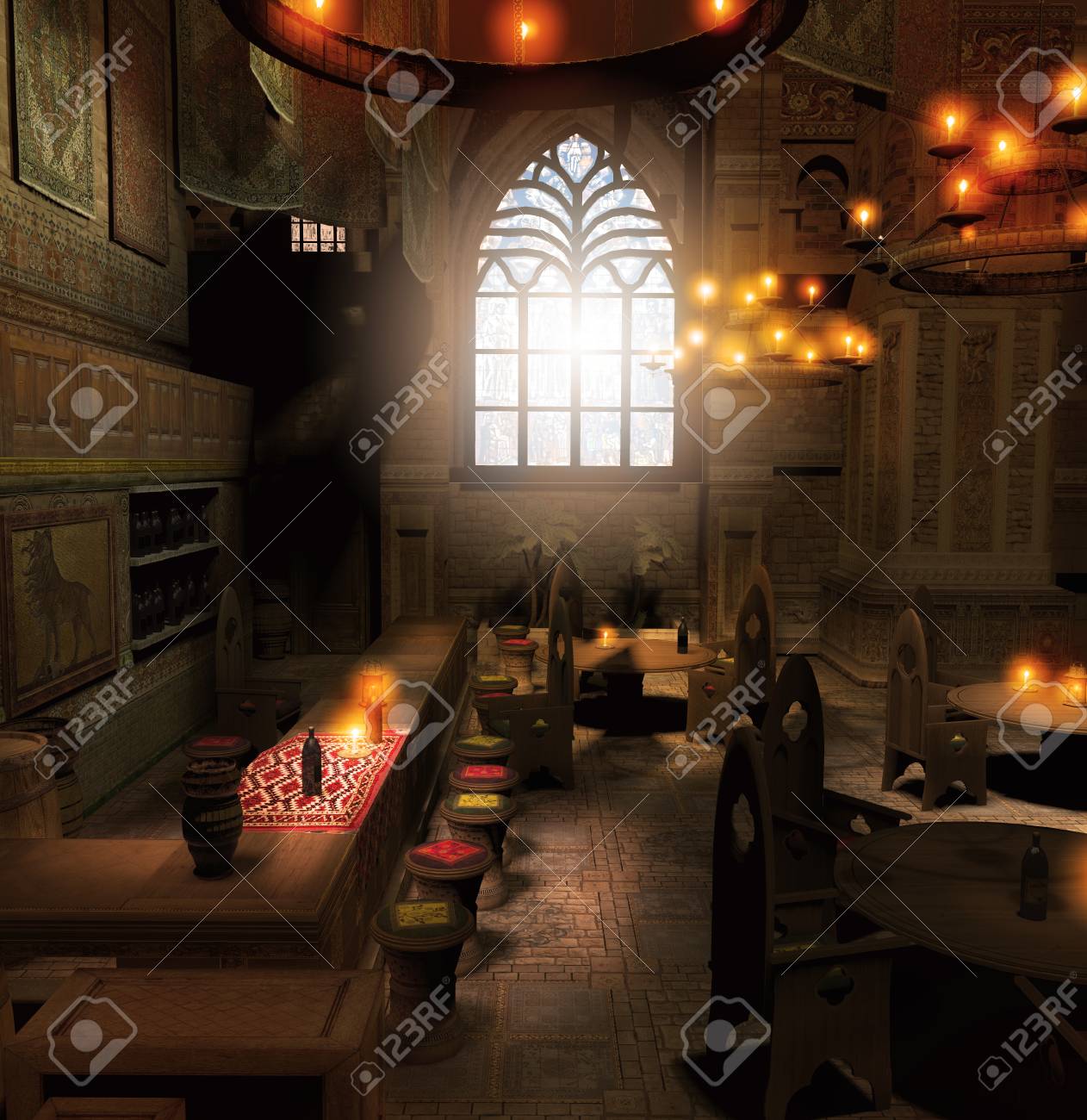 photo Medieval House Interior Fantasy 3d render of an old fantasy medieval tavern interior with counter stock photo picture and royalty free image image 101579464