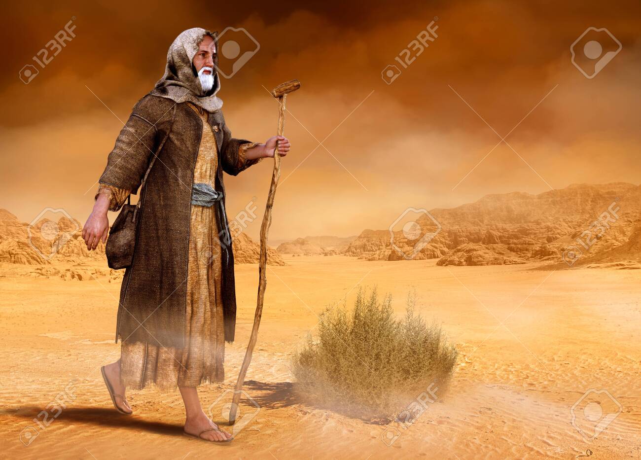 Biblical Moses Walks Through The Sinai Desert, The Wilderness, In Search Of The Promised Land, 3d Render Painting Stock Photo, Picture And Royalty Free Image. Image 132579174.