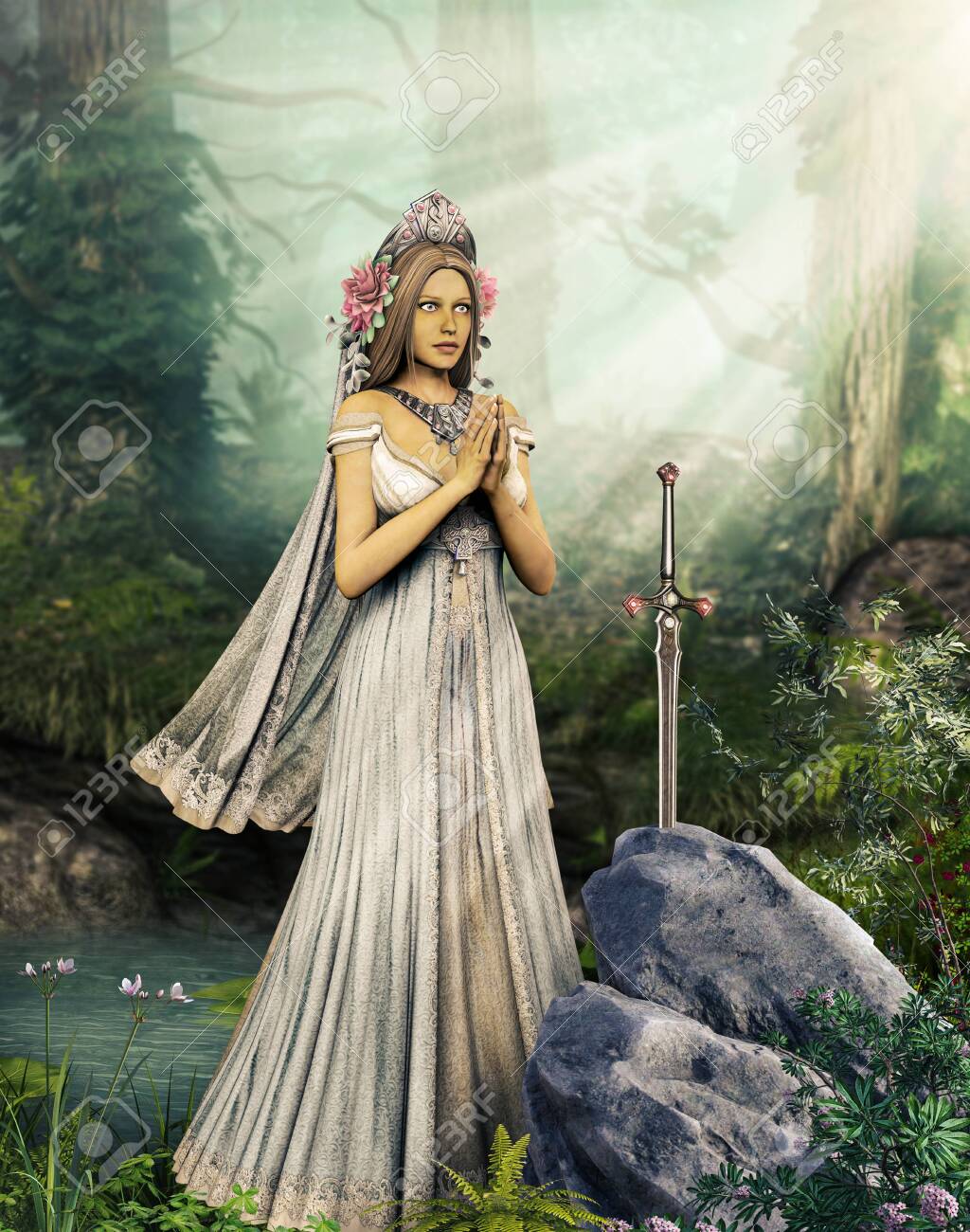 Lady Of The Lake Is Praying To The Sword Excalibur Illustration Inspired By The Legend Of King Arthur 3d Render Stock Photo Picture And Royalty Free Image Image 142335025