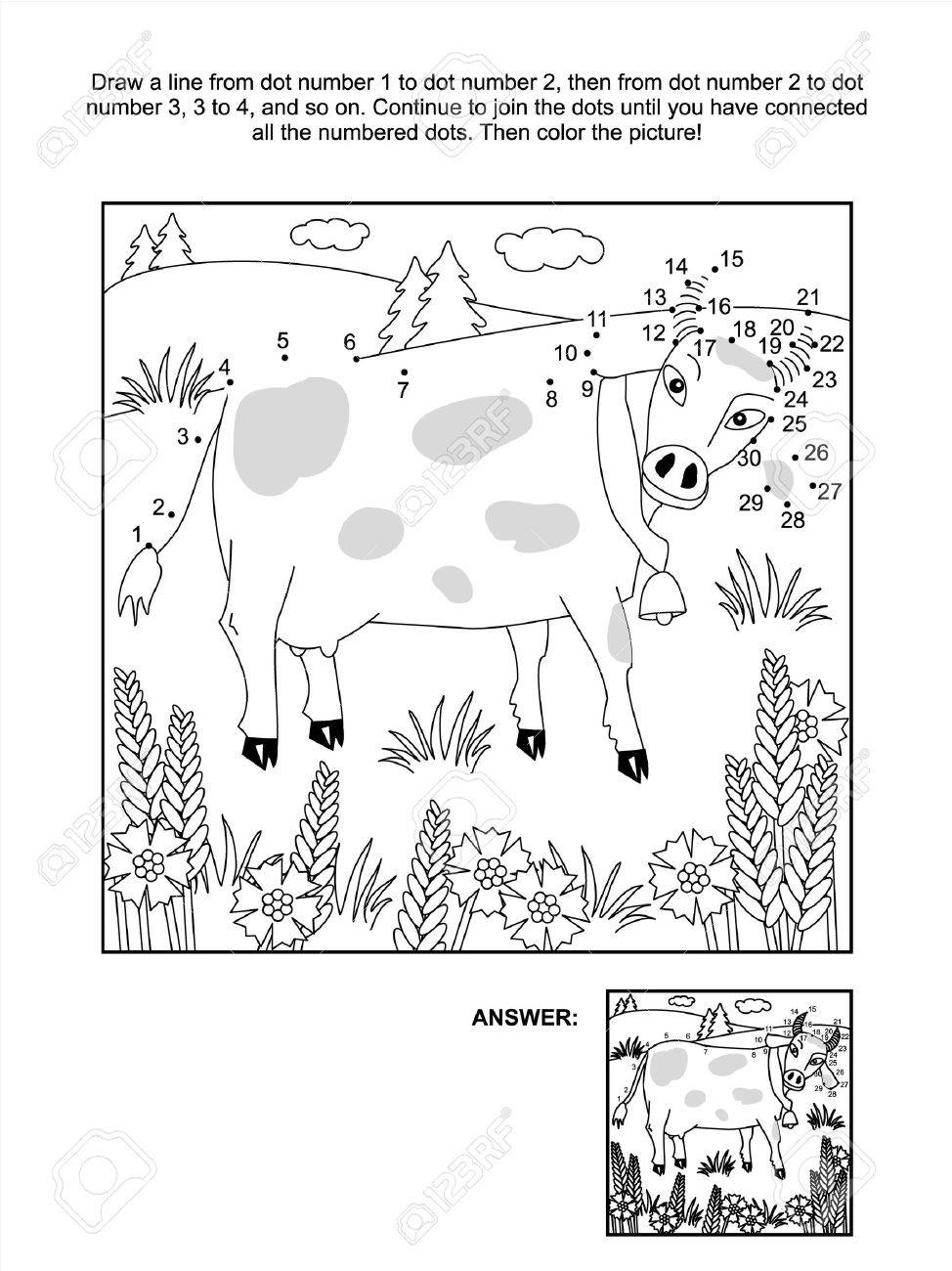 接続ドット画像パズルやぬりえページ 牛の牛乳とヤグルマギクの答えのイラスト素材 ベクタ Image 27347167