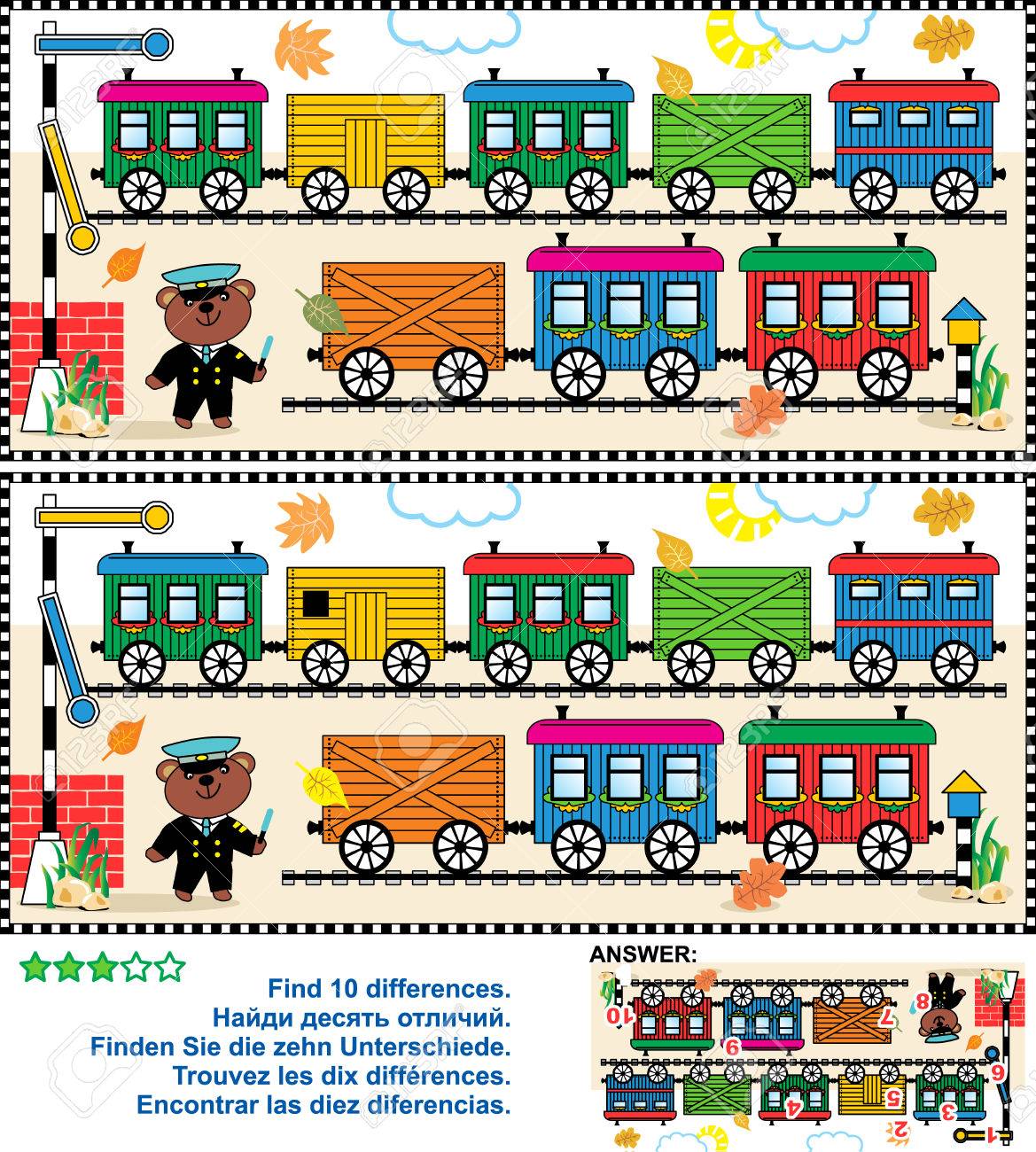 Toy train visual puzzle: Find the ten differences between the two pictures - train cars, railway, railroad roadsigns, teddy bear the railman - 38686344 Toy train visual puzzle: Find the ten differences between the two pictures - train cars, railway, railroad roadsigns, teddy bear the railman - 38686344
